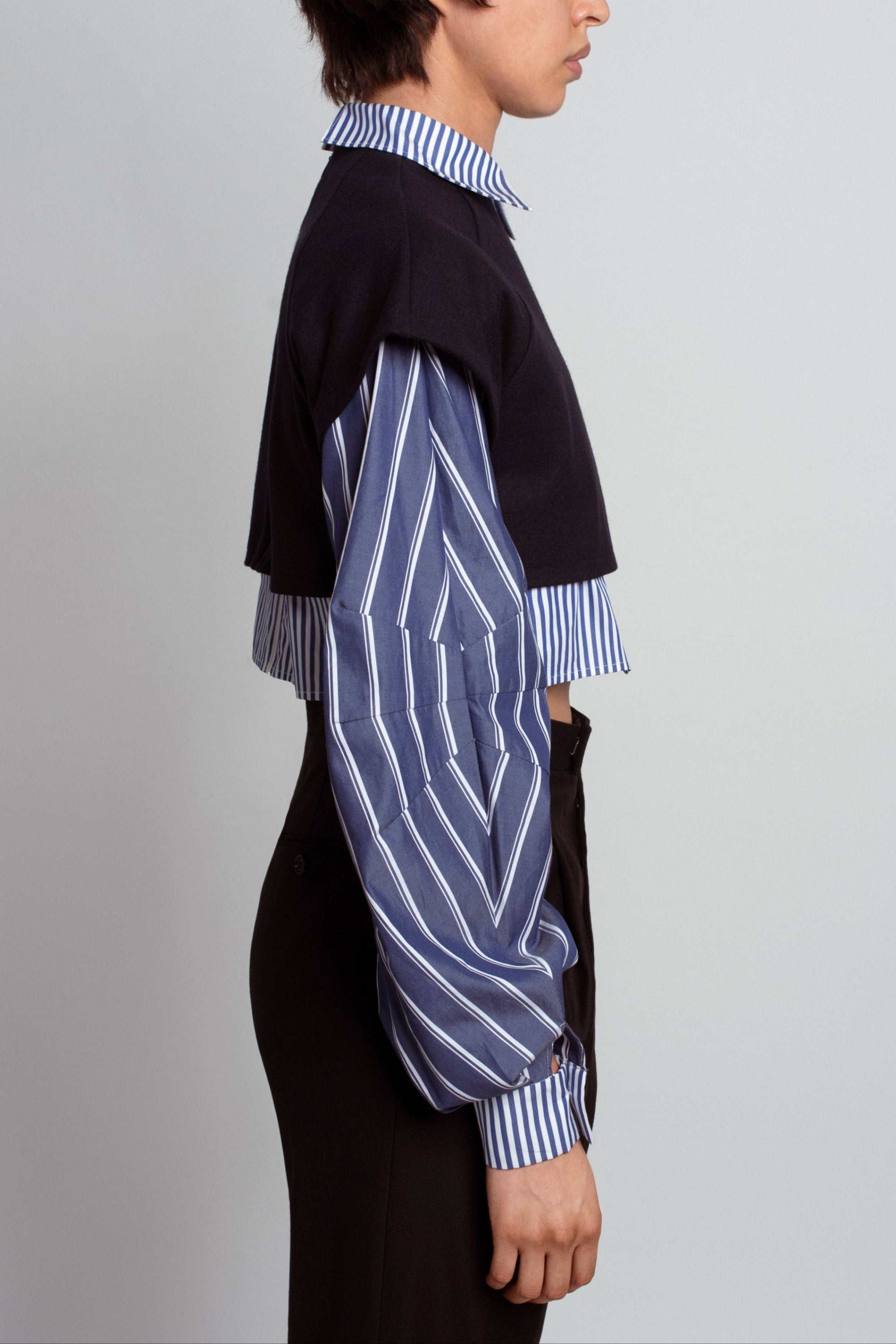 SHAO blue pinstripe trompe l’oeil shirt overlay detail