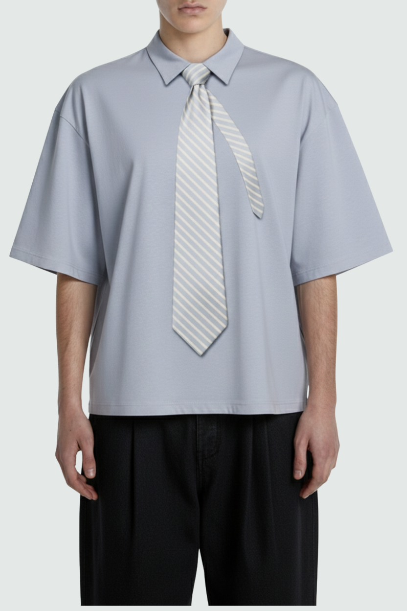 SHAO blue oversized cotton shirt with printed striped tie front view