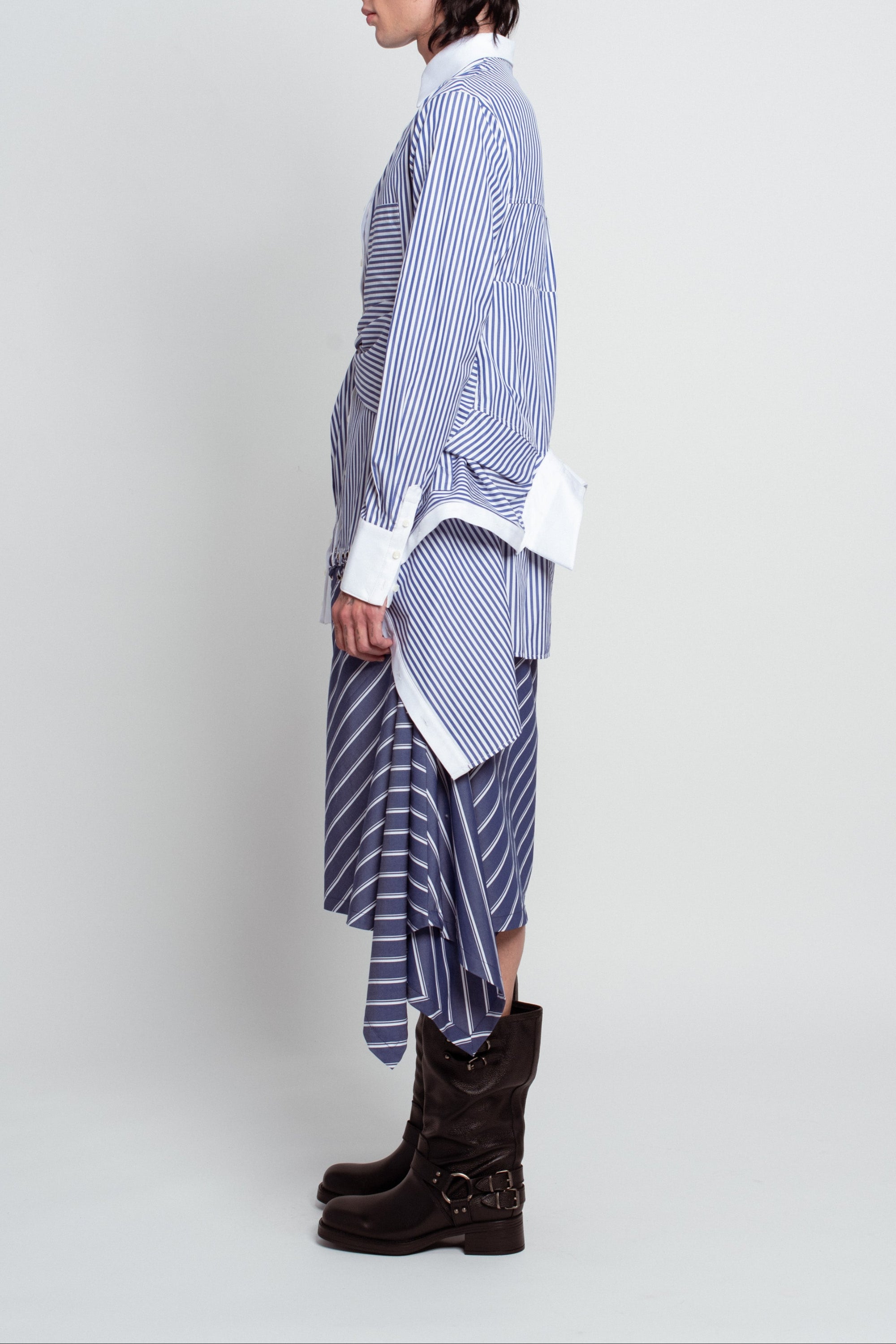 Blue striped shirtdress asymmetric hem side view
