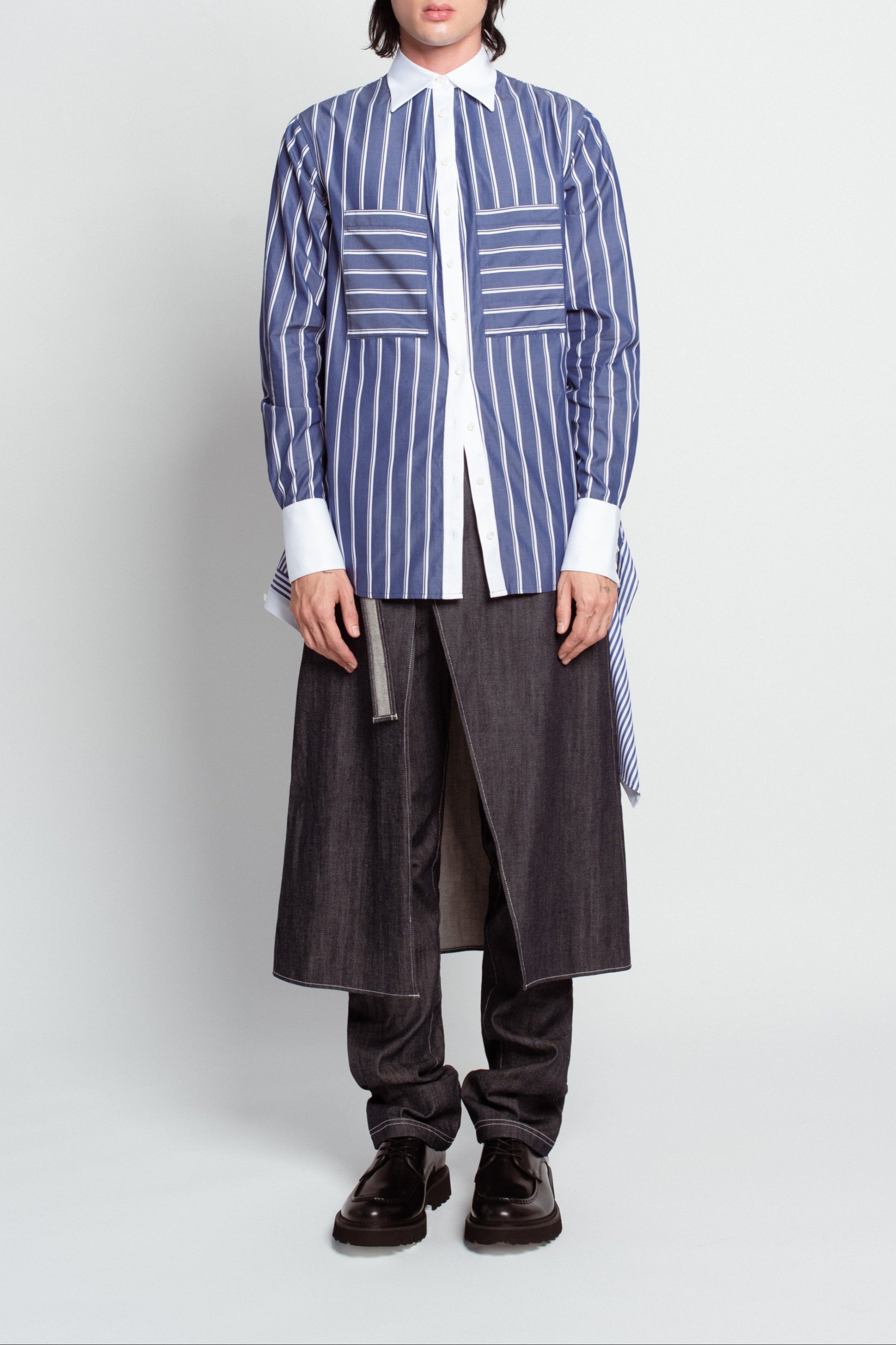 Blue pinstripe layered shirt front view