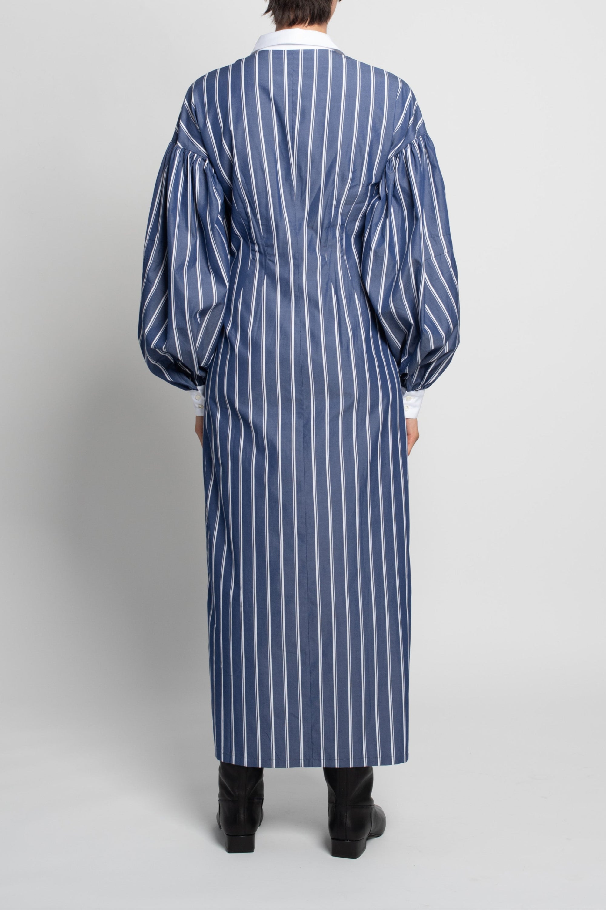 Blue pinstripe shirtdress structured back view