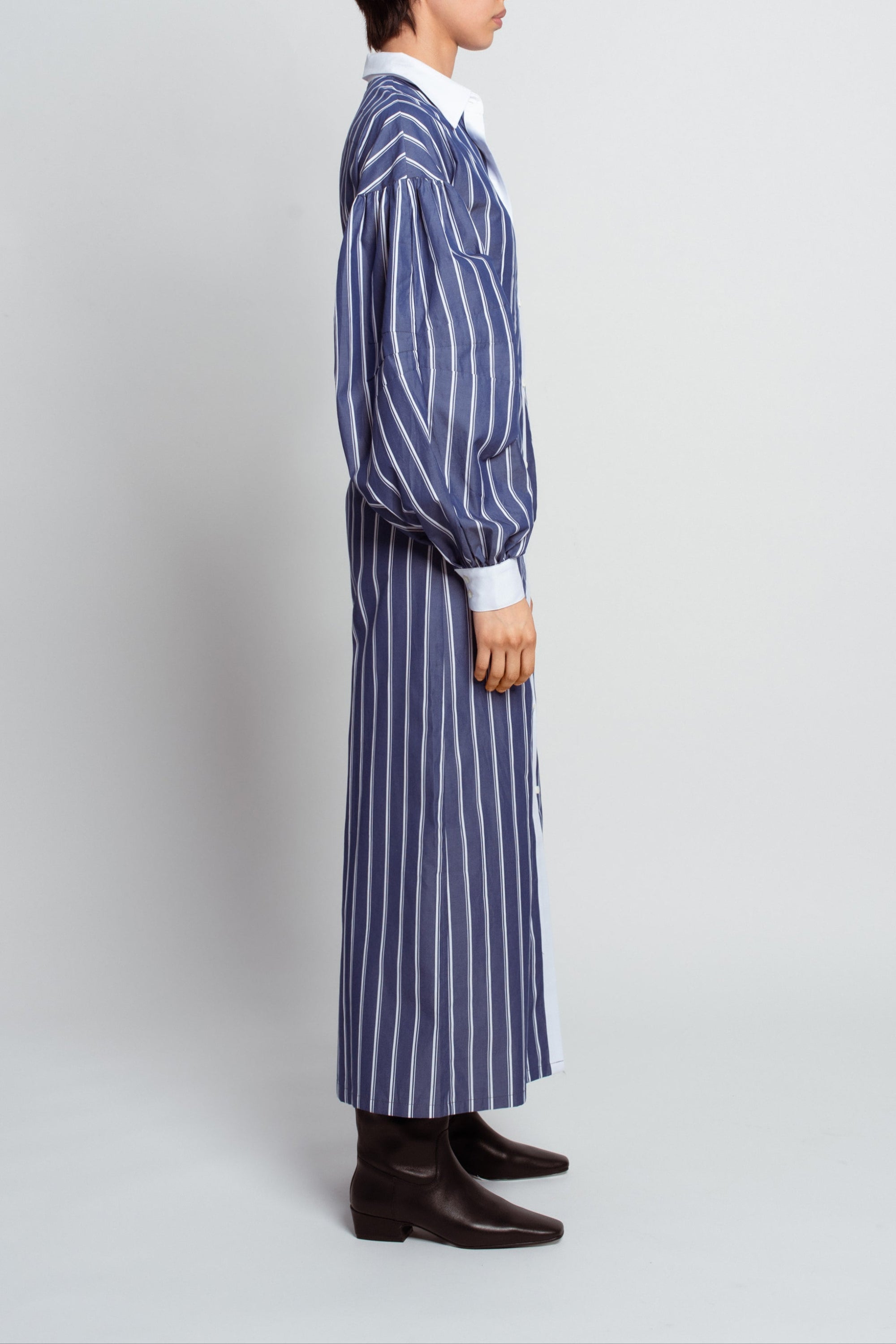 Blue striped shirtdress puff sleeve side view
