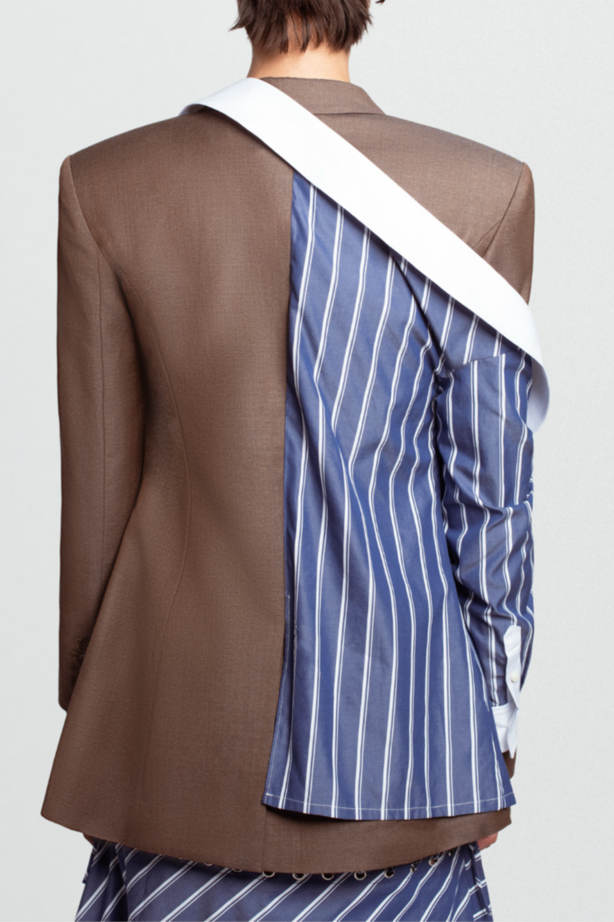 SHAO brown pinstripe tailored blazer back view
