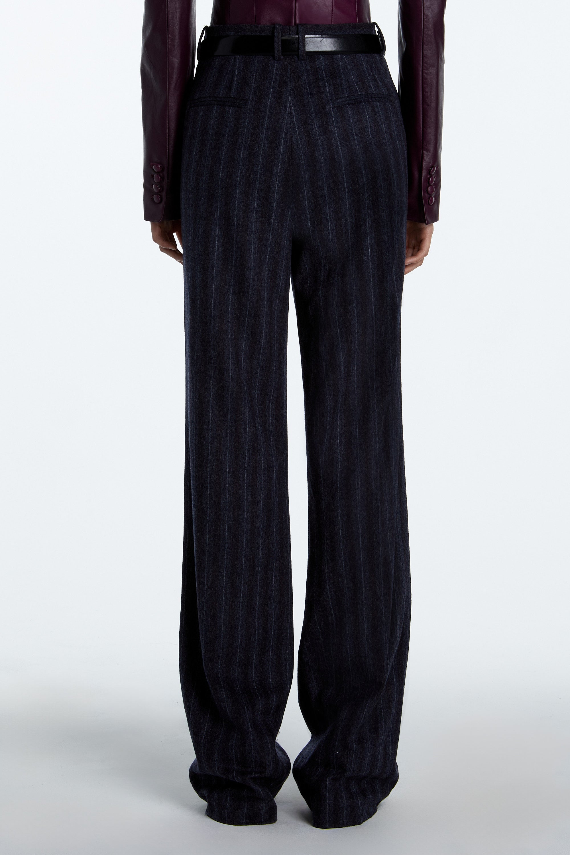 SHAO charcoal grey pinstripe wide-leg trousers with tailored back view