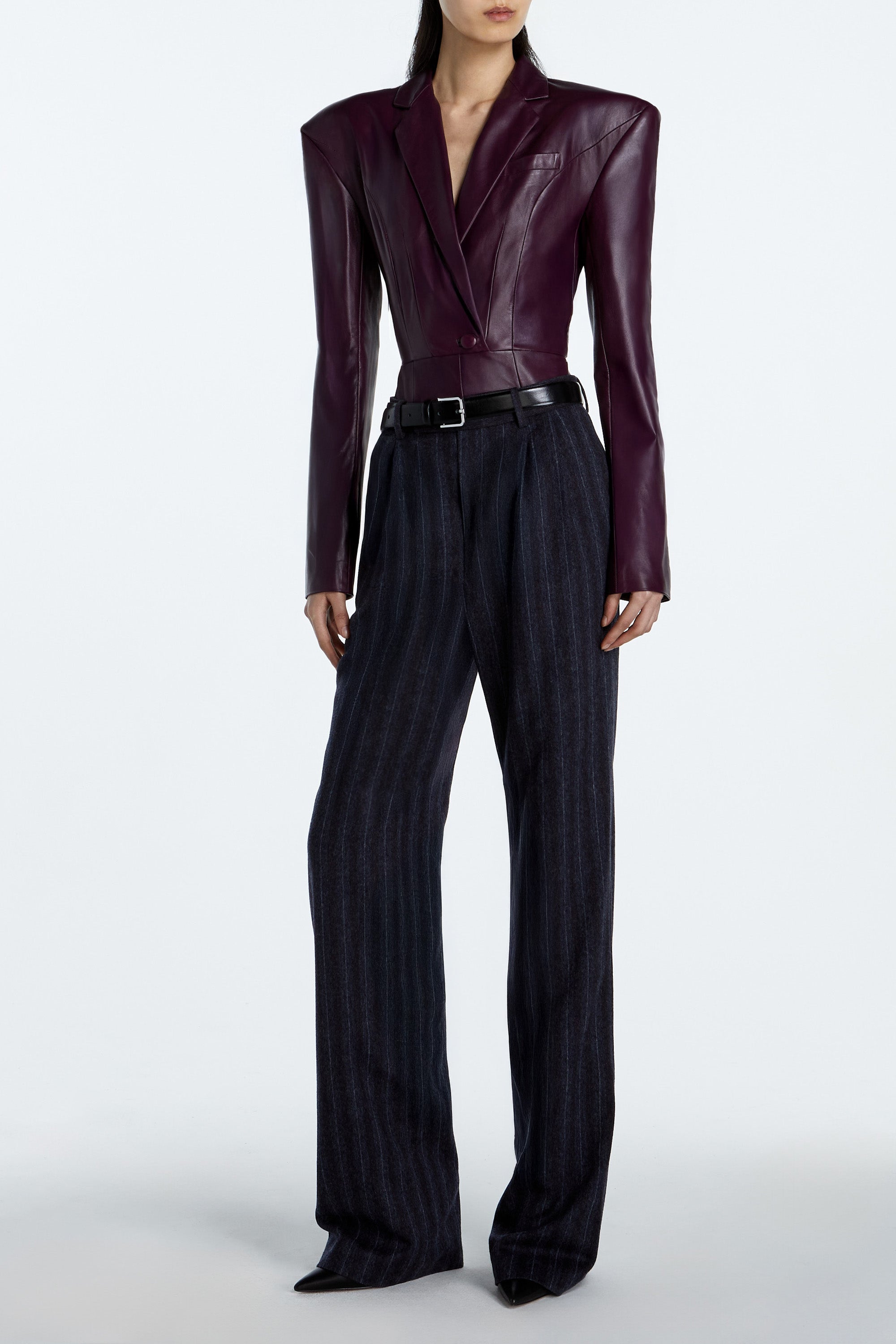 SHAO charcoal grey pinstripe wide-leg trousers with wool suiting fabric detail
