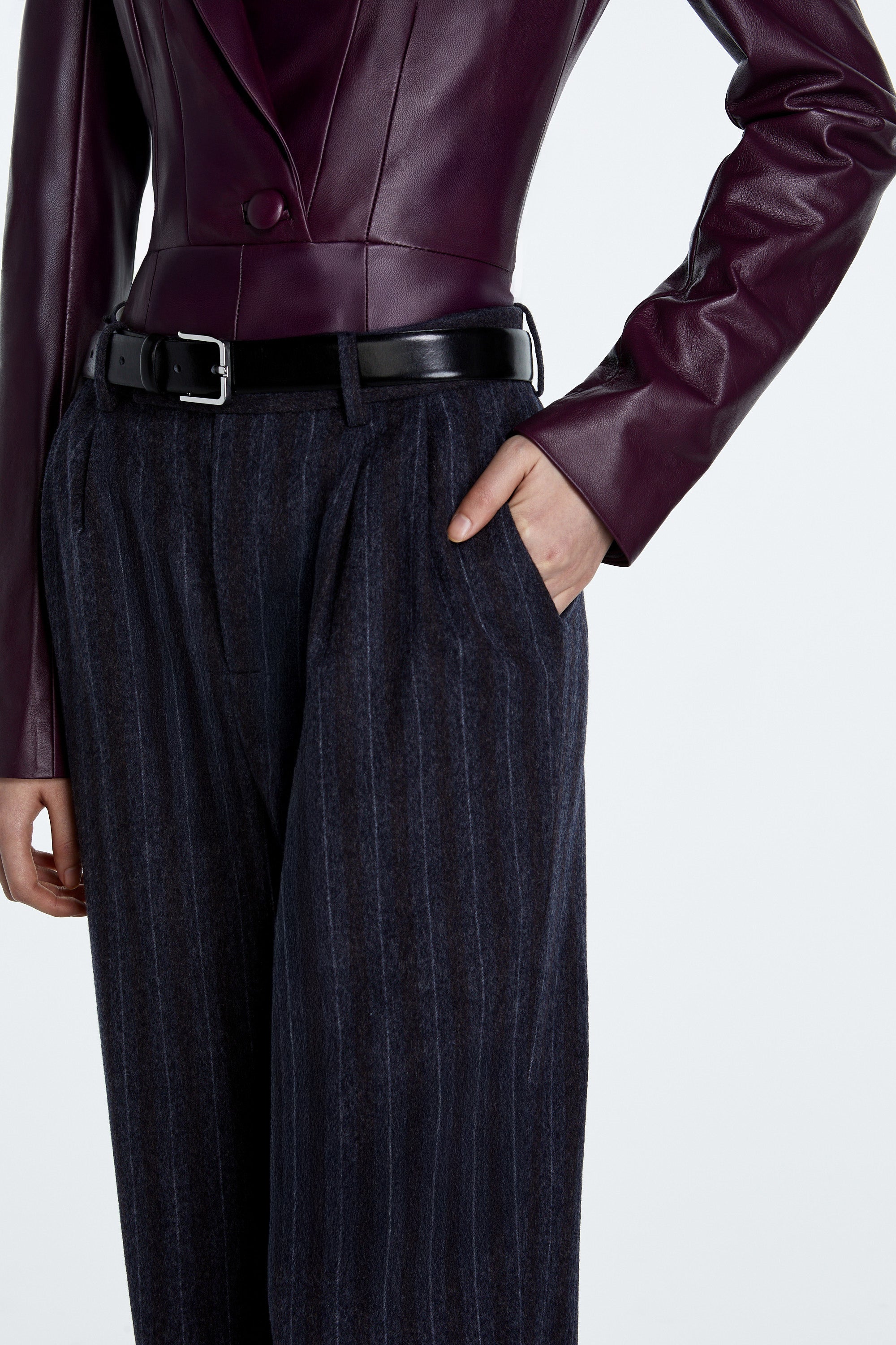 SHAO charcoal grey pinstripe wide-leg trousers with wool suiting fabric detail