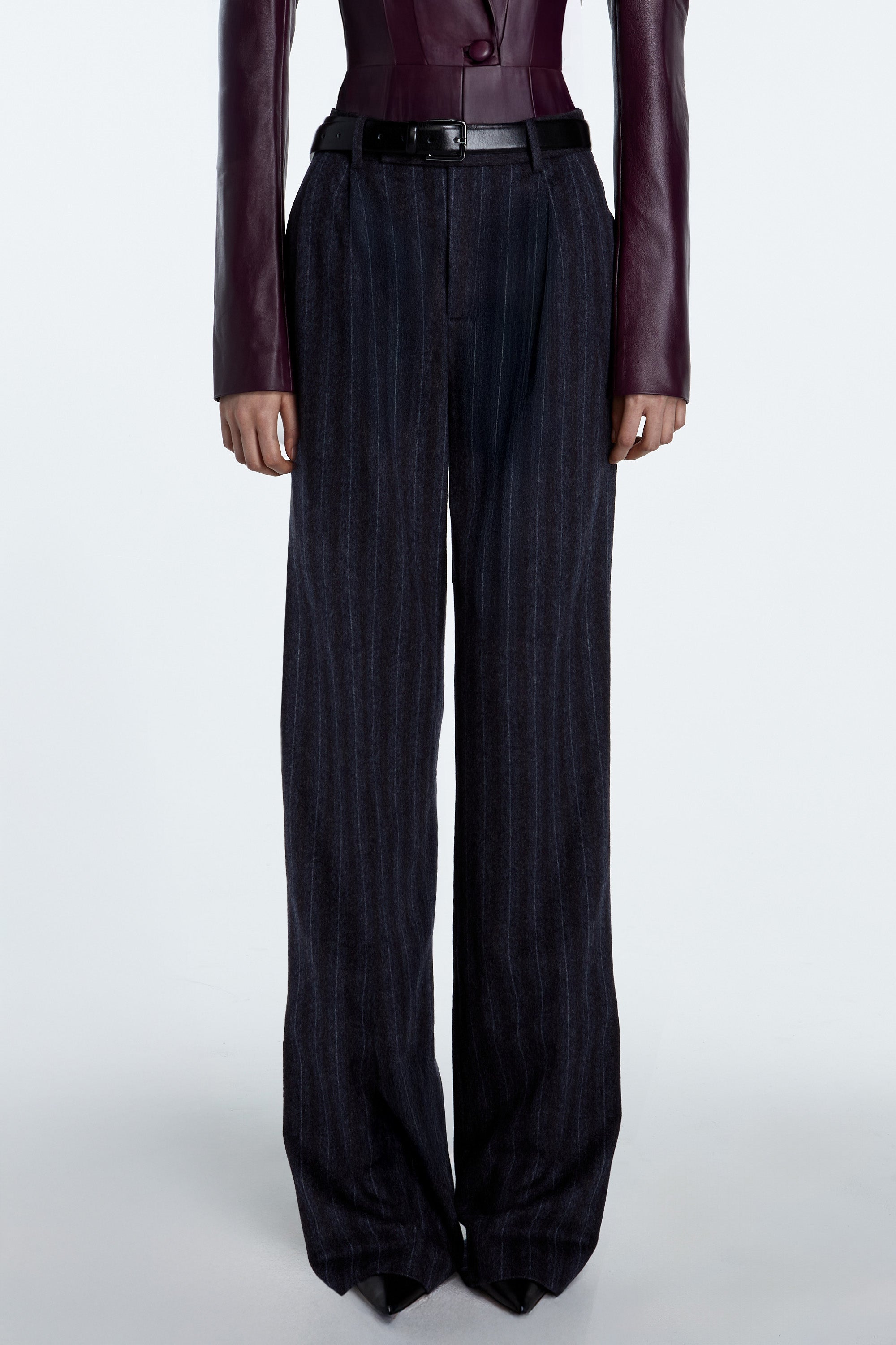 SHAO charcoal grey pinstripe wide-leg trousers with elongated silhouette full-length front