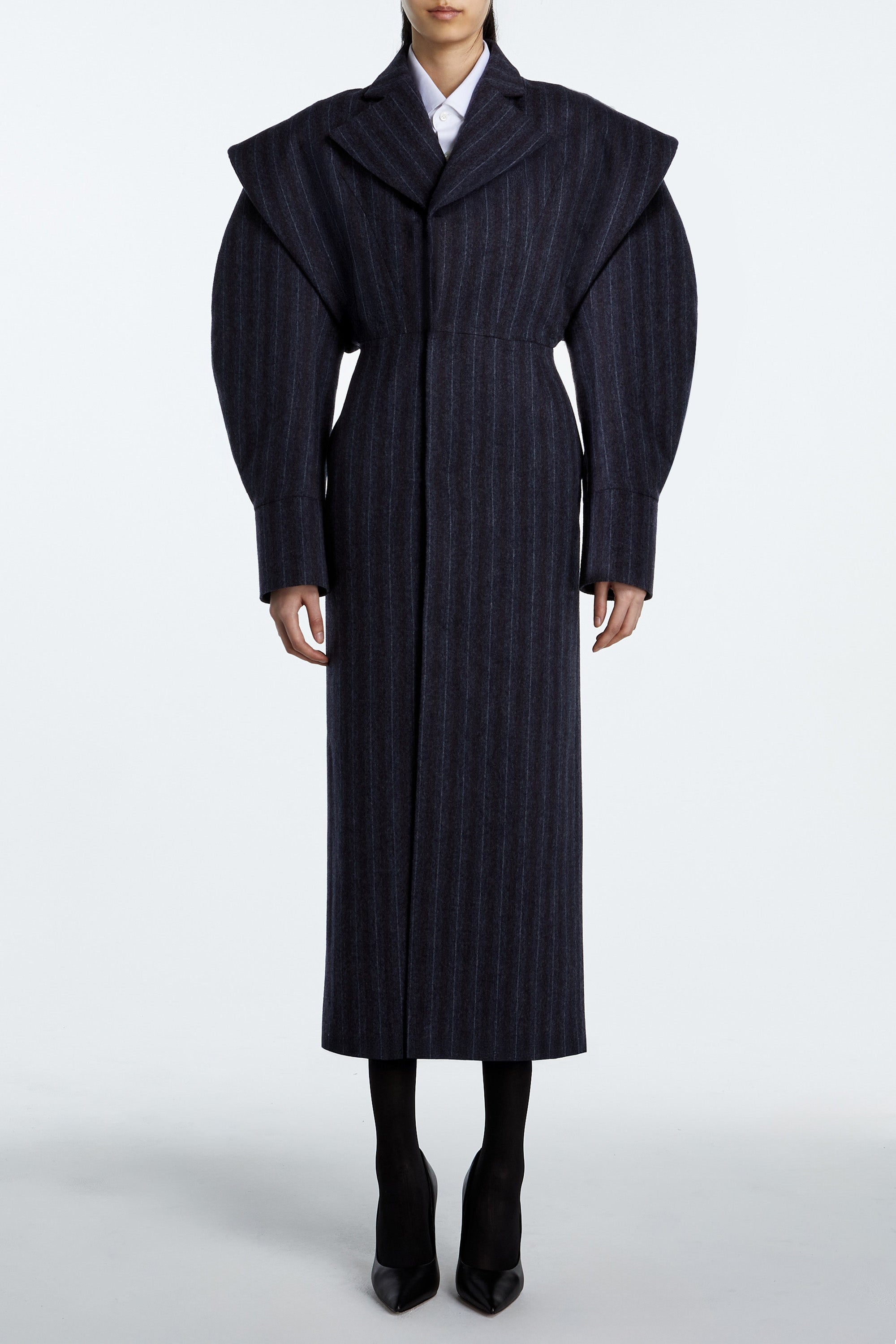SHAO charcoal pinstripe flannel long coat front view