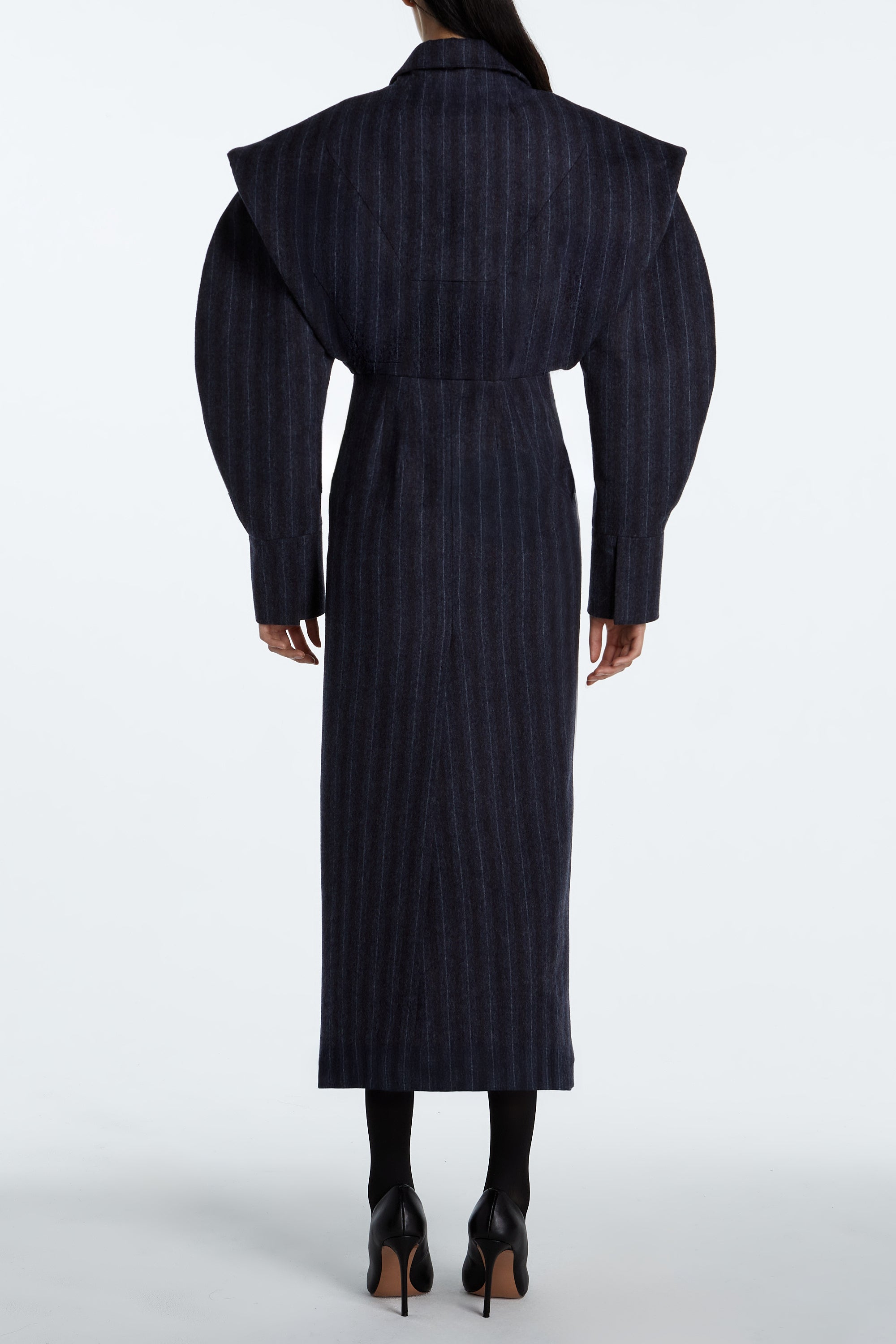 SHAO charcoal pinstripe flannel long coat full length silhouette