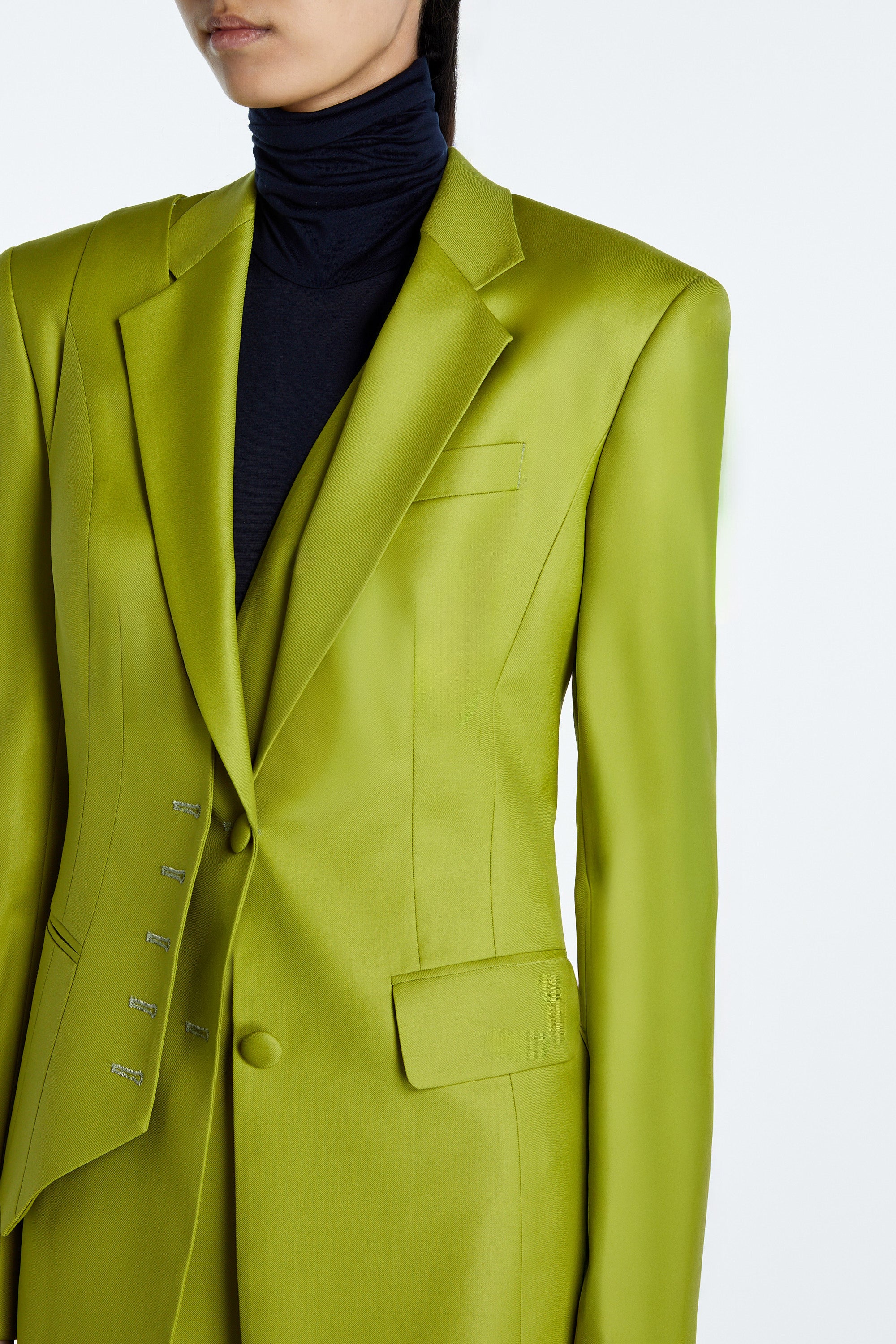 SHAO chartreuse wool trompe l’oeil blazer vest overlay detail