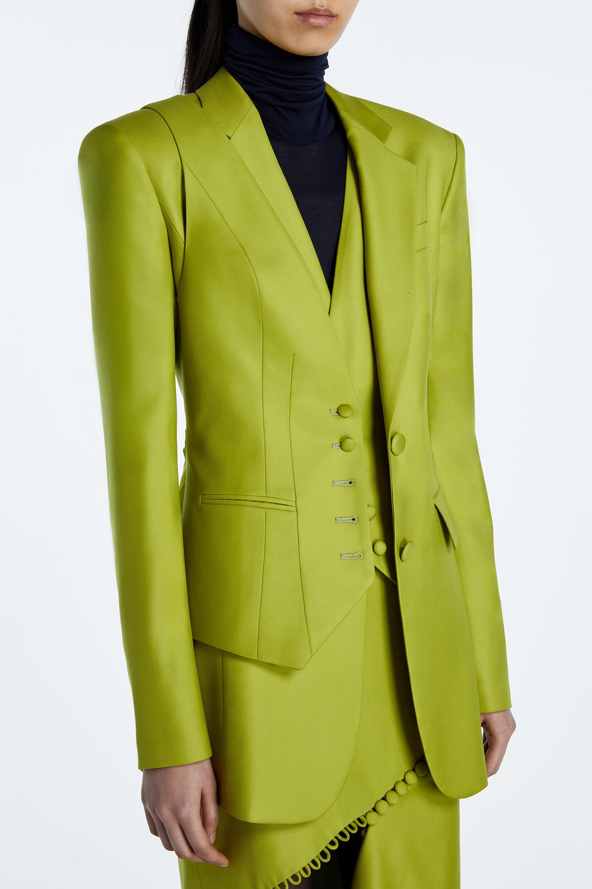 SHAO chartreuse wool trompe l’oeil blazer vest overlay detail
