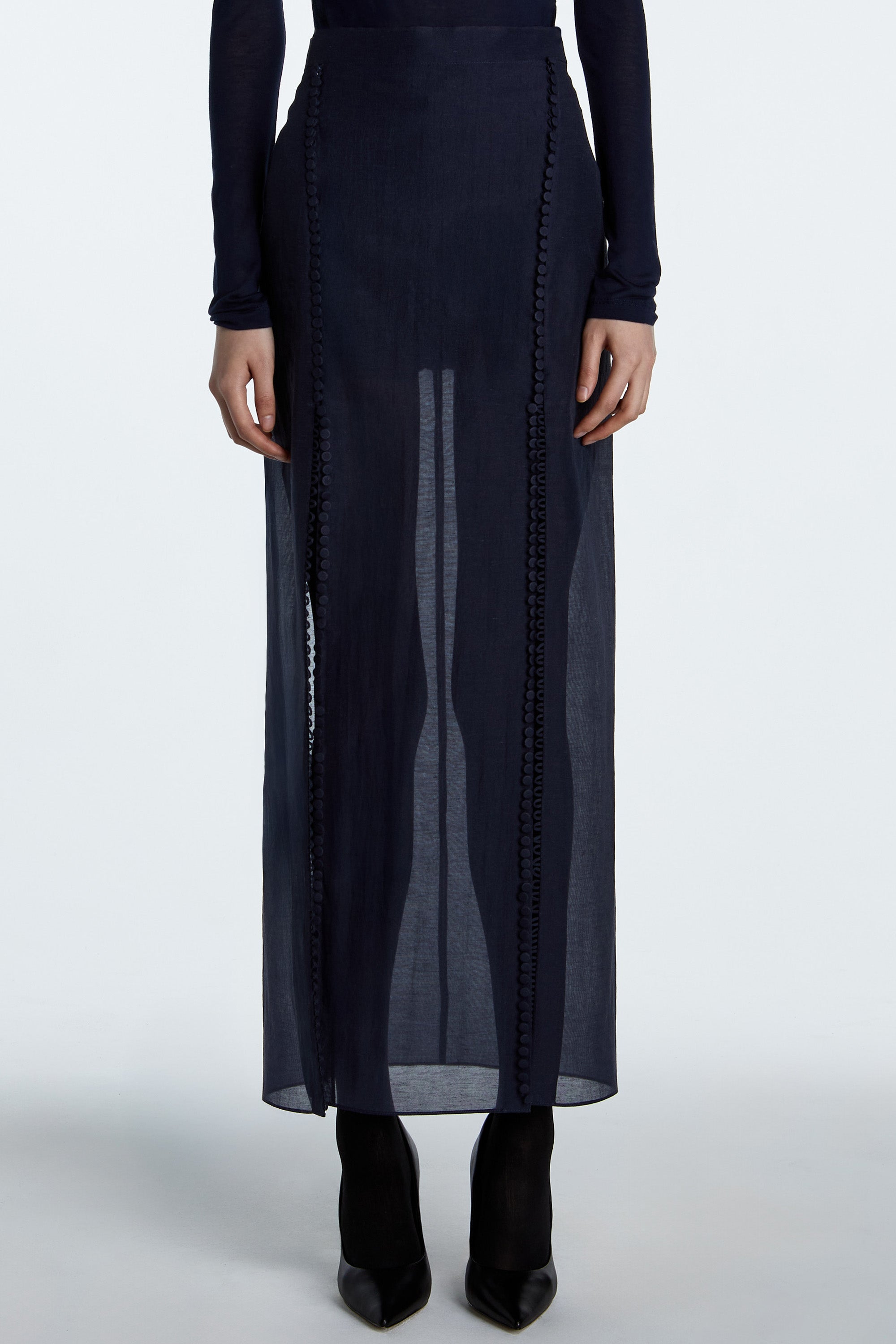 SHAO midnight sapphire column skirt structured tailored hem detail