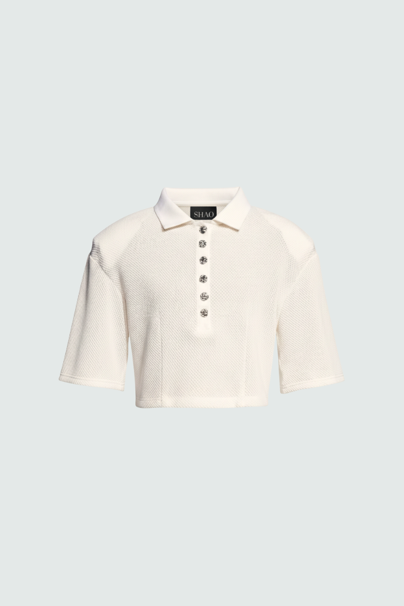 SHAO cream cropped polo top back view