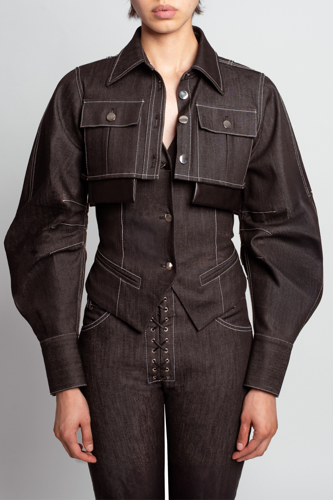SHAO dark grey structured denim jacket front view