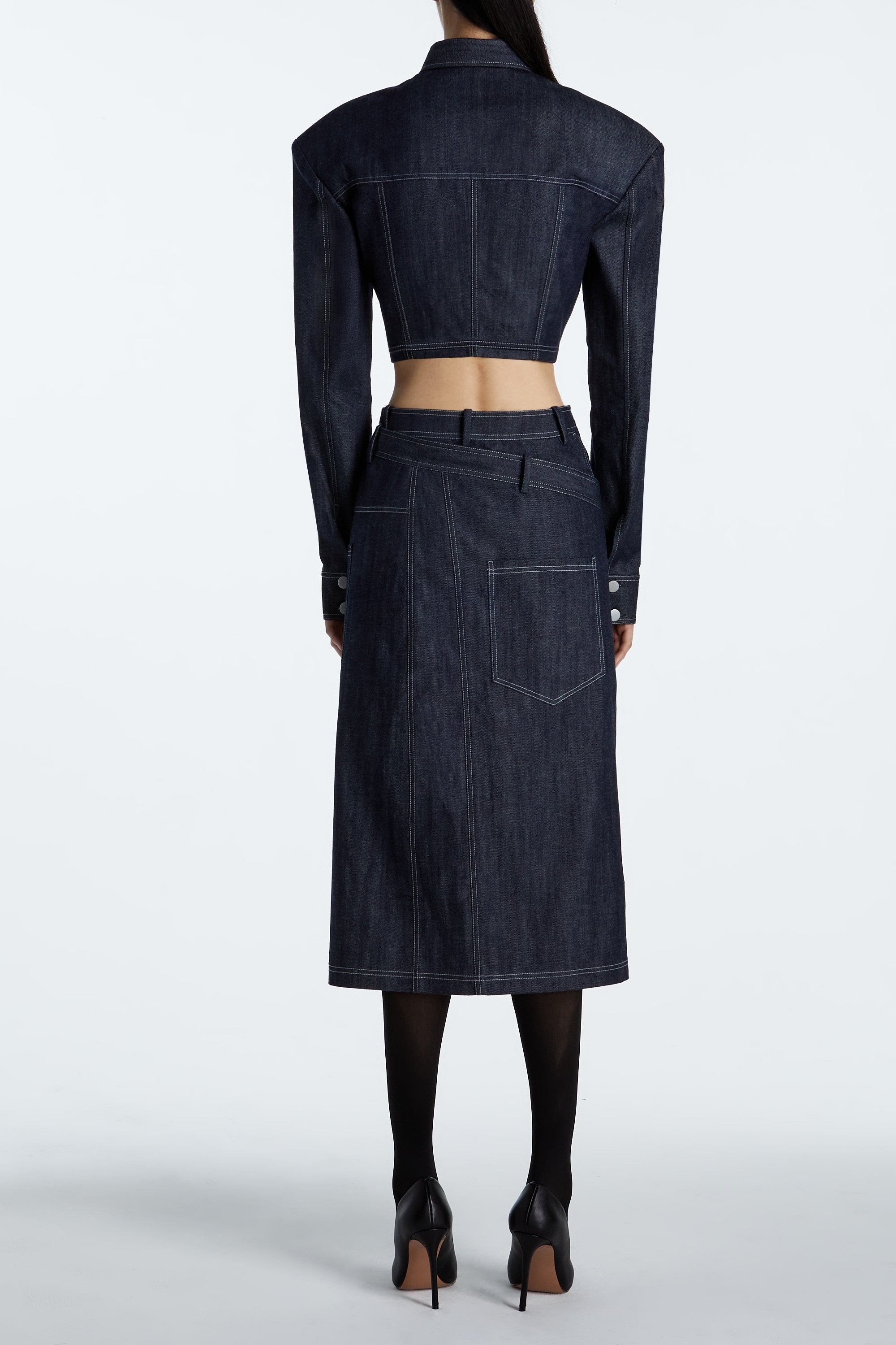 SHAO dark indigo denim skirt back view