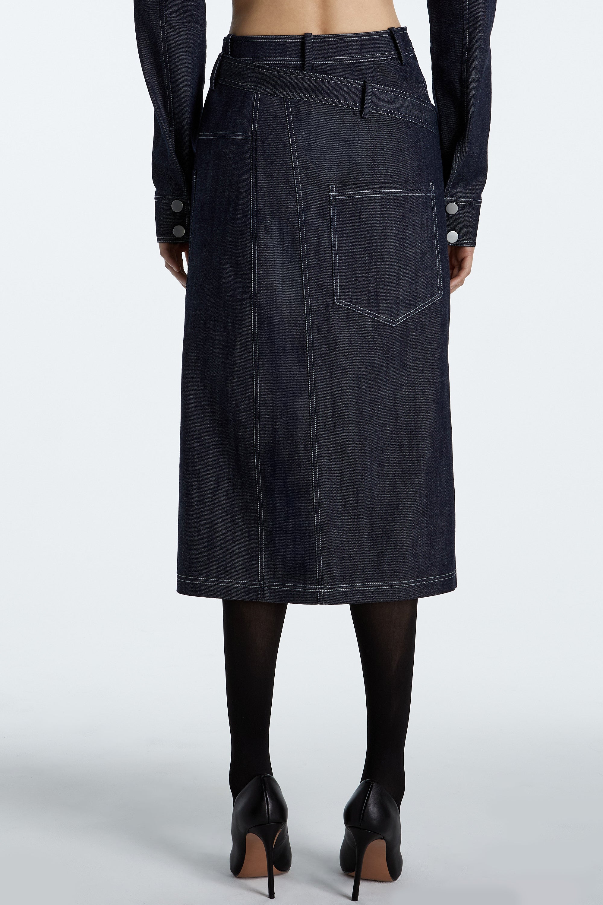 SHAO dark indigo denim skirt detail view