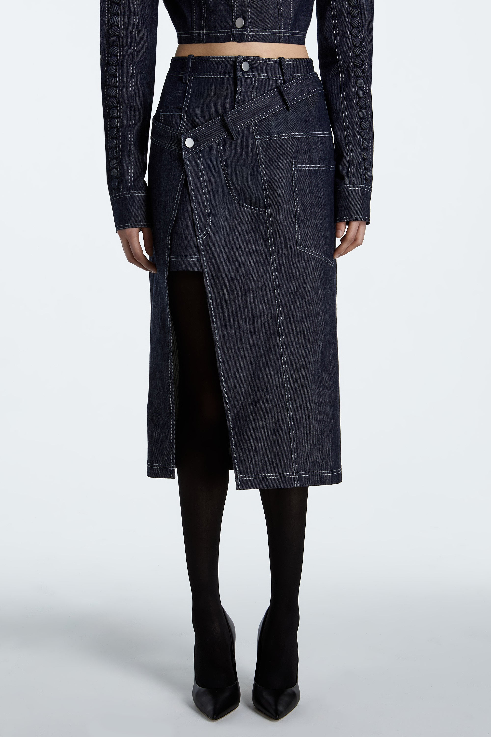 SHAO dark indigo denim skirt front view