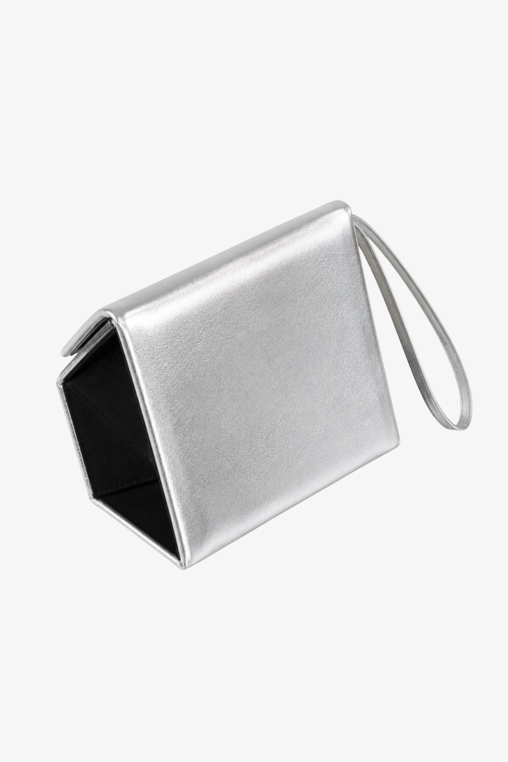 SHAO silver metallic eyewear clutch bag side view with strap.
