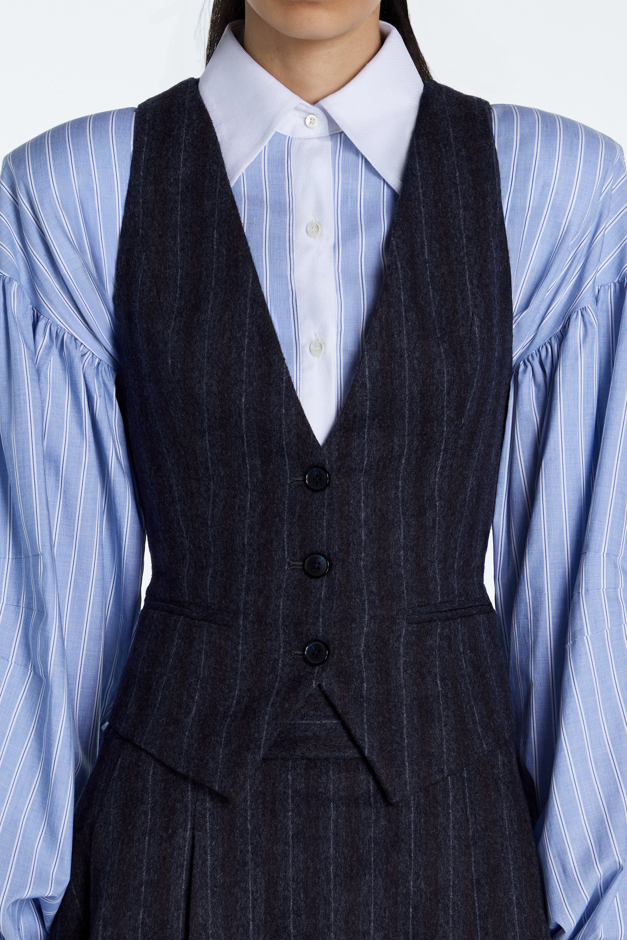 SHAO charcoal pinstripe fitted vest front view