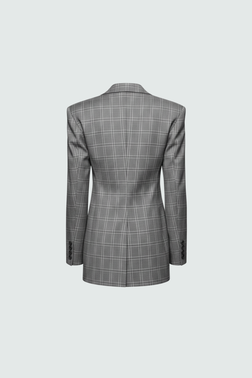 Gray check double-breasted blazer with contrast lapels back view