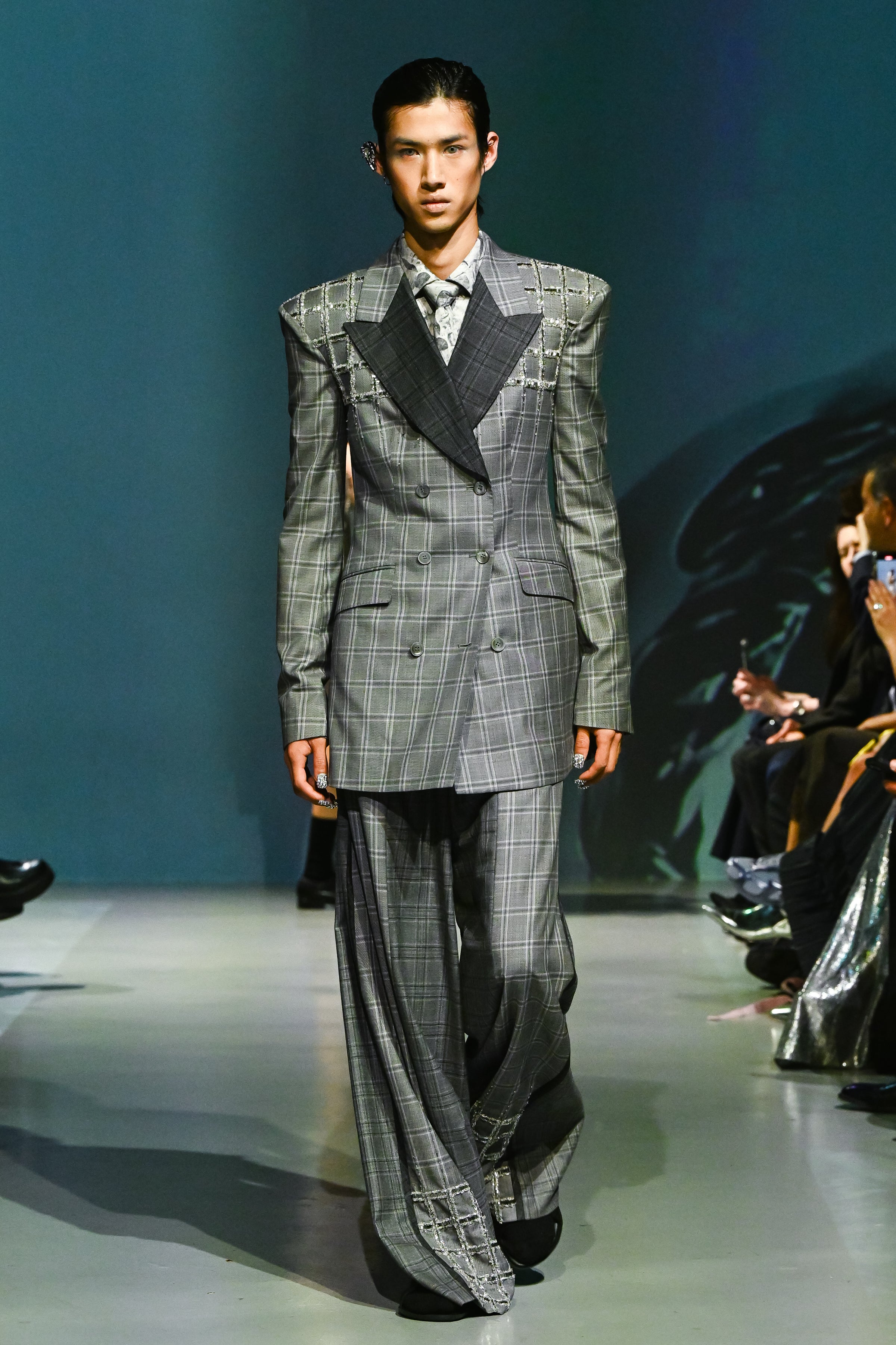 Gray check double-breasted blazer with contrast lapels styled look