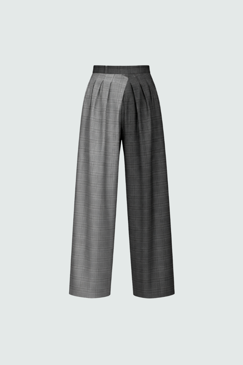 SHAO gray check wide-leg pleated trousers front view