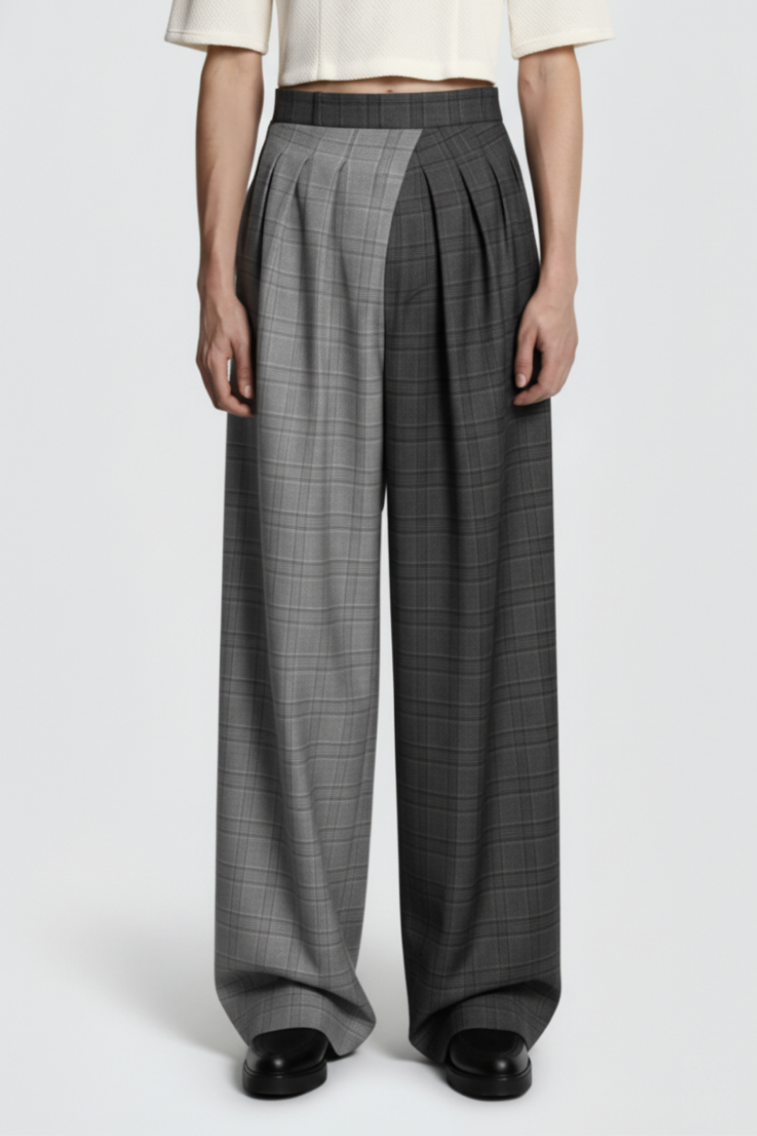 SHAO gray check wide-leg pleated trousers front view