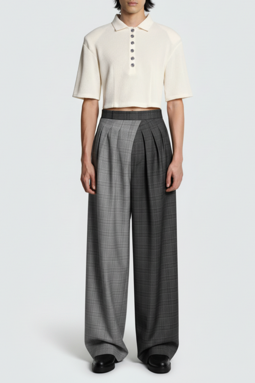SHAO gray check wide-leg pleated trousers front view