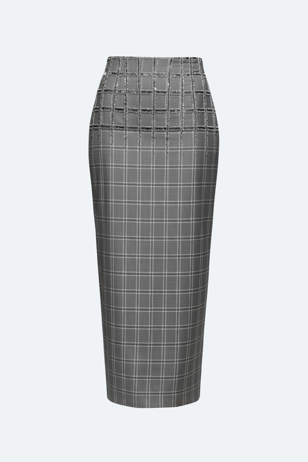 SHAO grey hand-embellished check pencil skirt with high-rise waist front view
