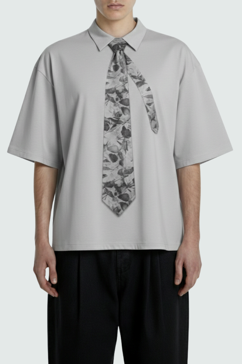 SHAO grey oversized shirt with trompe l’oeil floral tie graphic detail