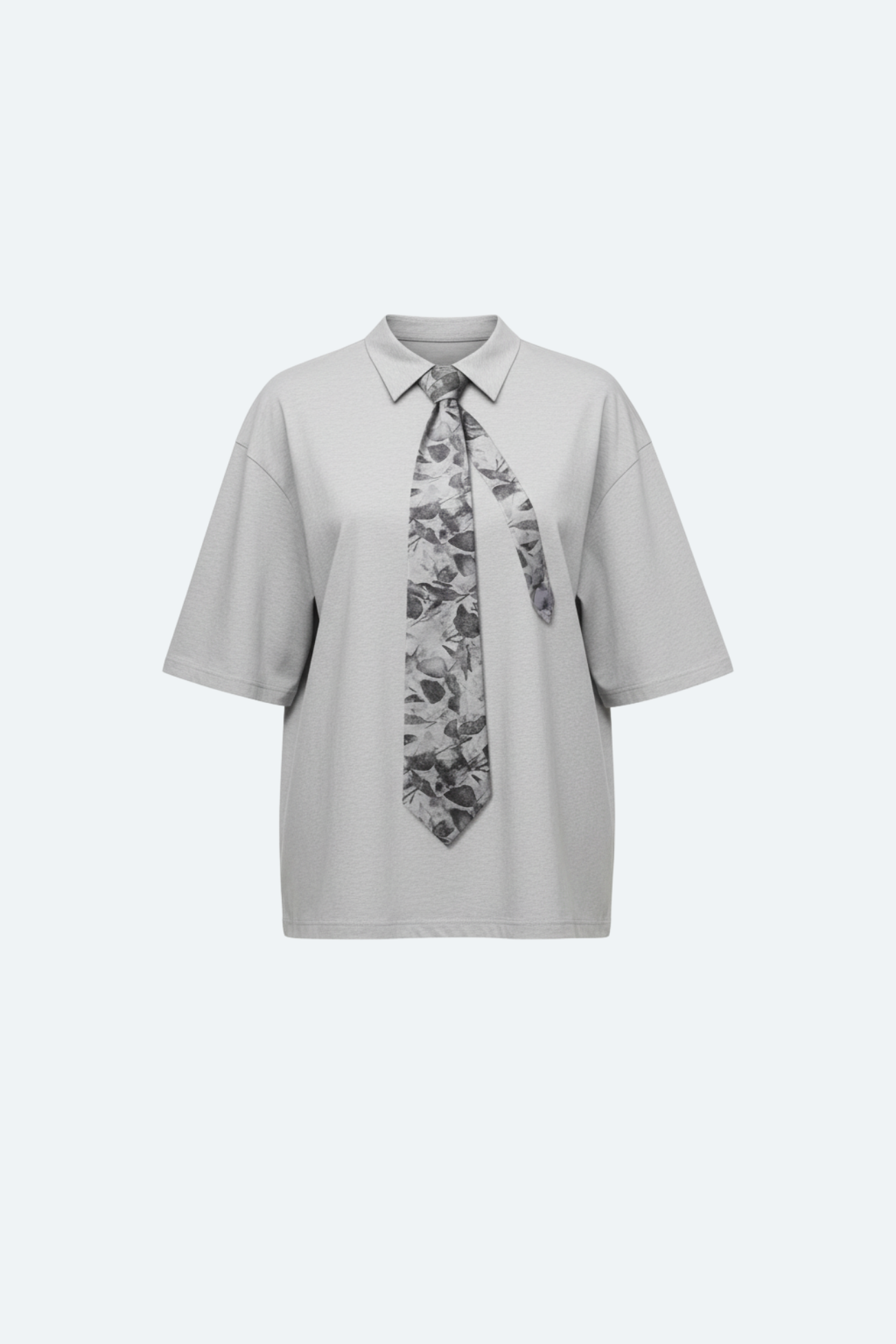 SHAO grey oversized cotton shirt with printed floral tie front view