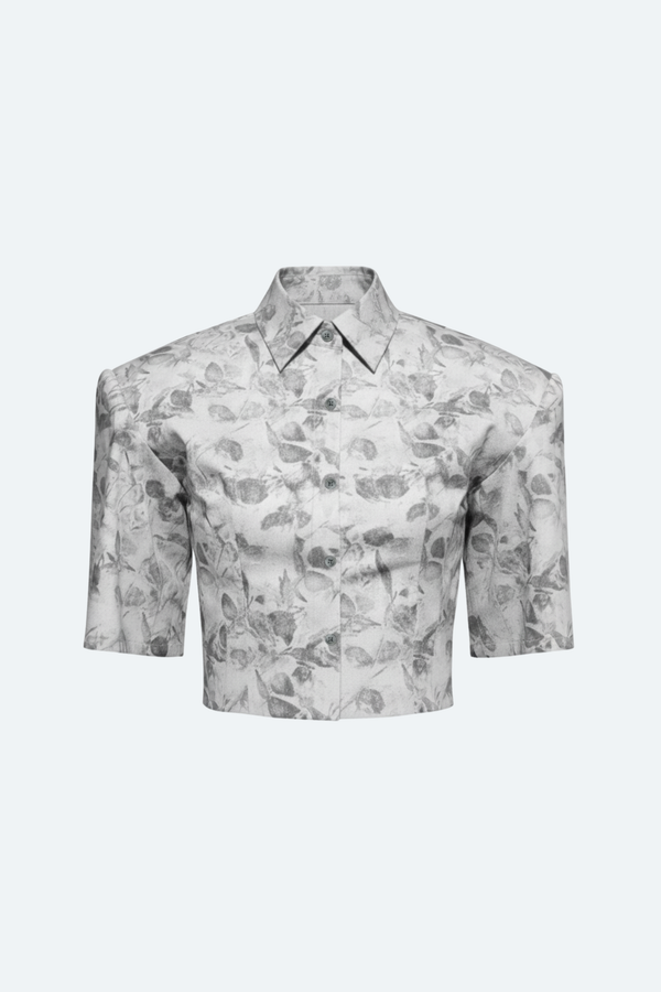 SHAO grey flora cropped shirt with point collar and sculpted sleeves front view