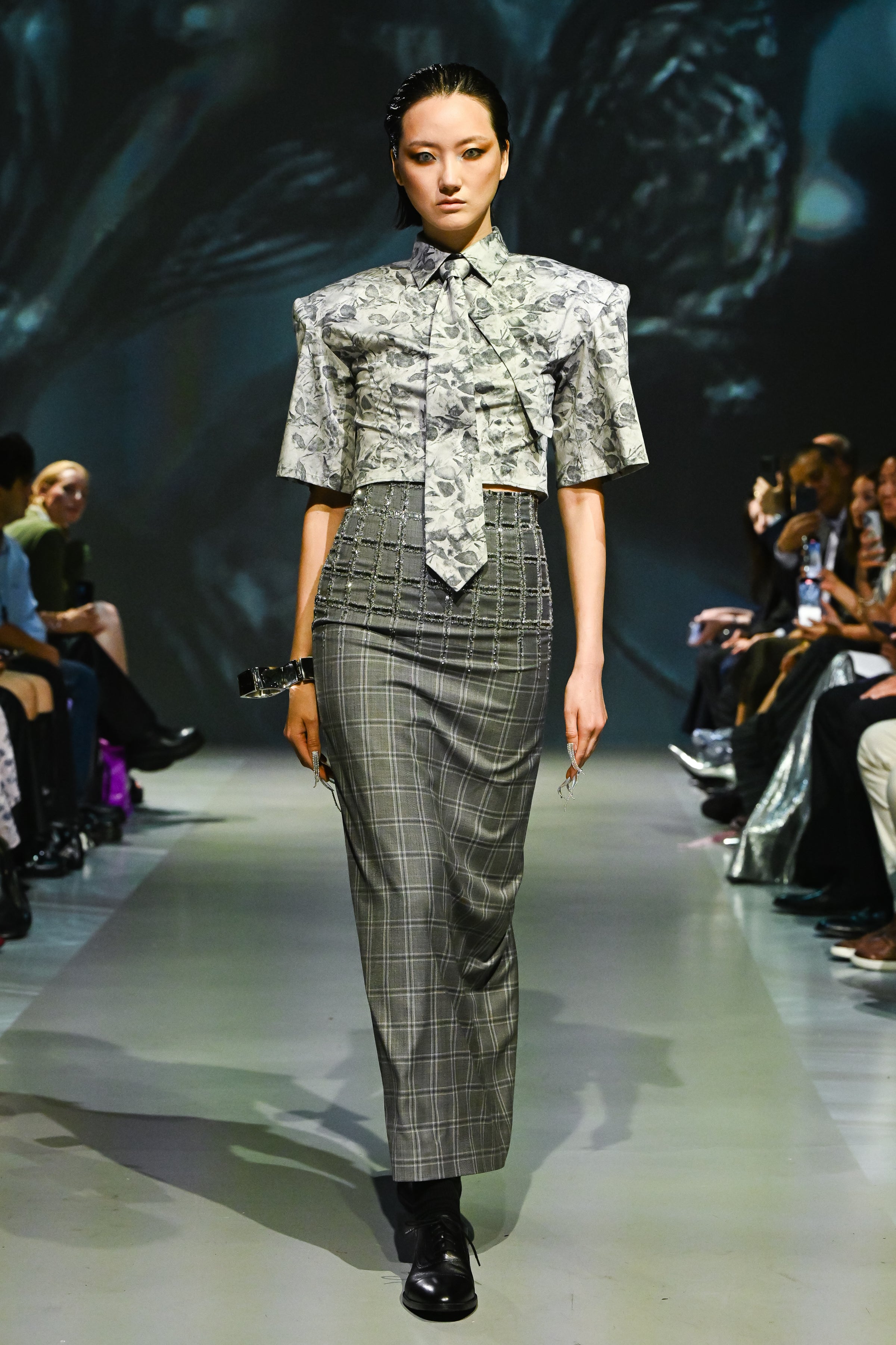 SHAO grey flora cropped shirt styled on runway with tailored cropped silhouette