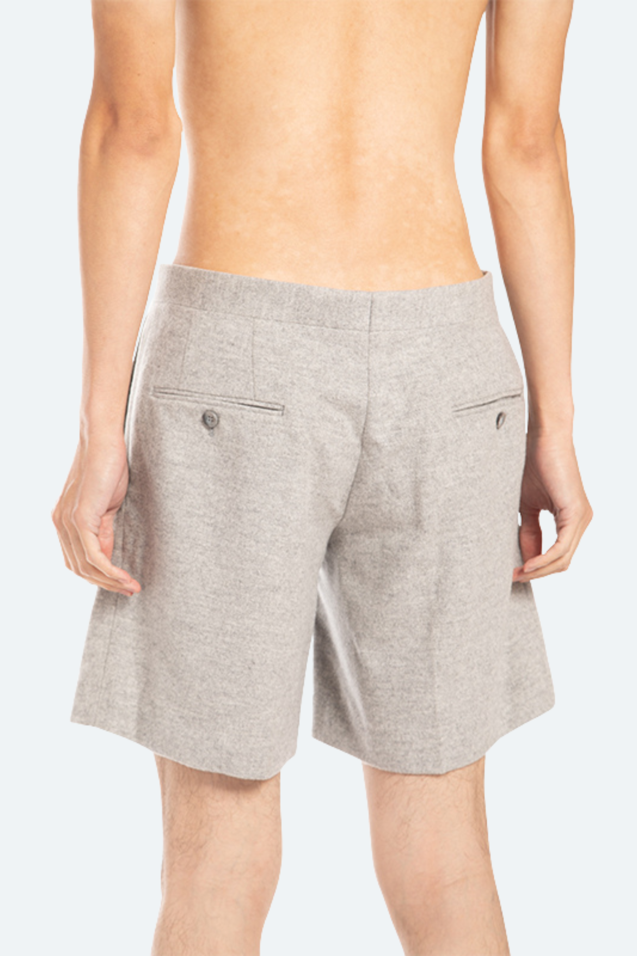 Back view grey wool flannel short with welt pockets