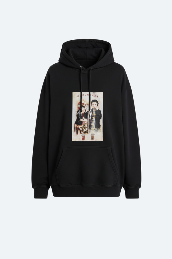 SHAO black hoodie with anachronism print front view