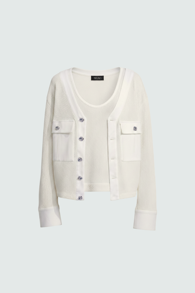 SHAO ivory textured cropped cardigan front view