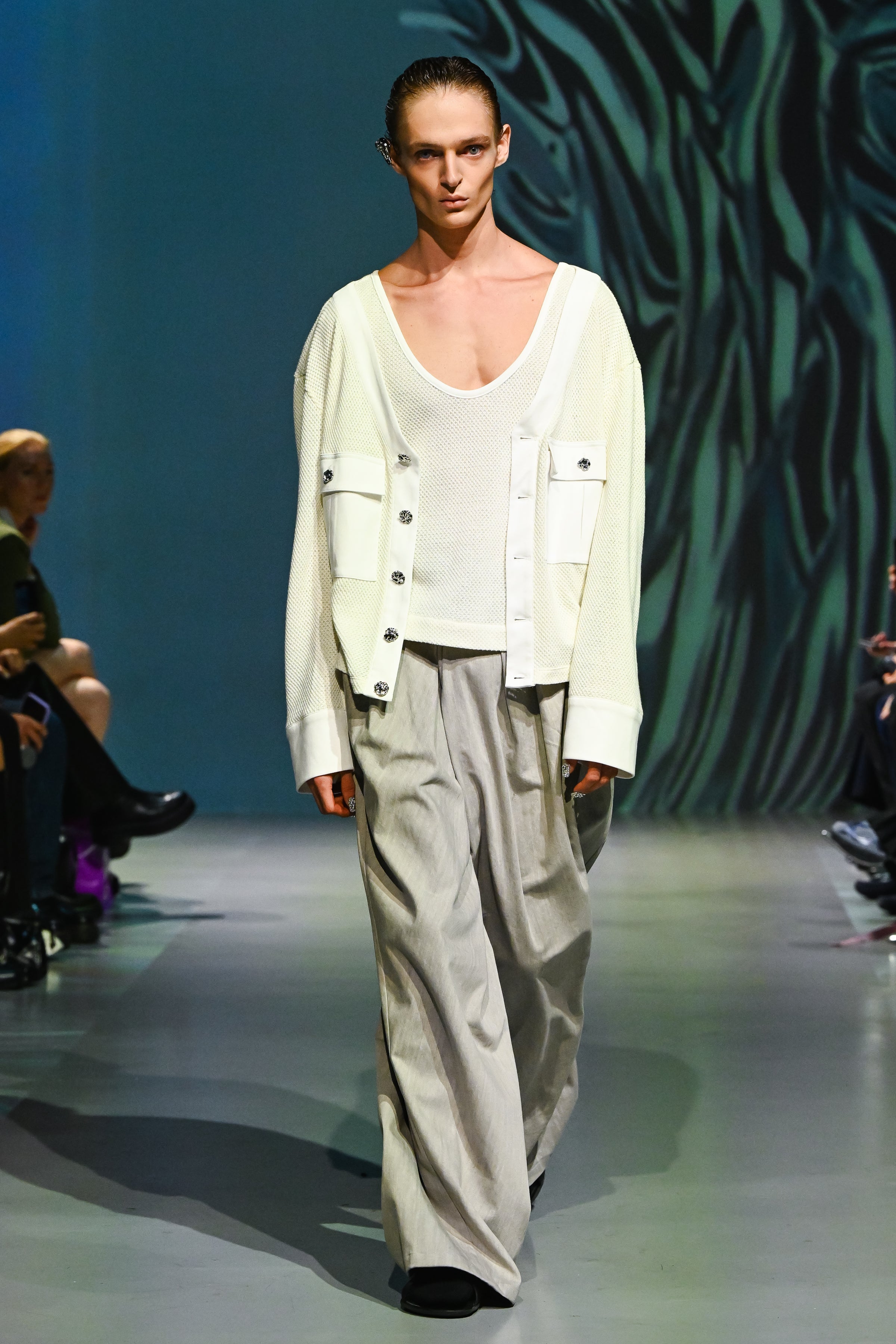 SHAO ivory textured cropped cardigan model