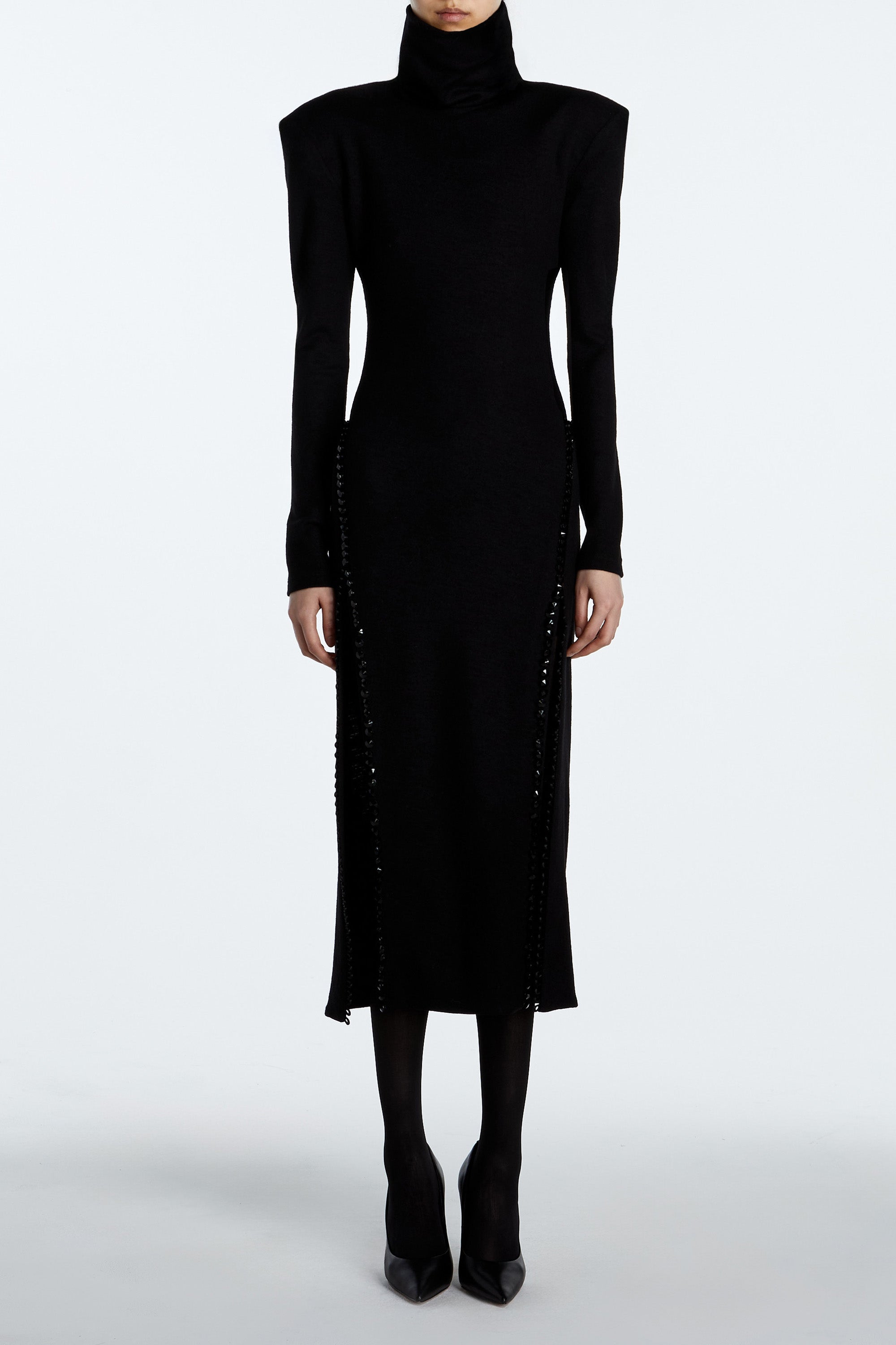 SHAO jet black cashmere turtleneck dress with elongated silhouette front view