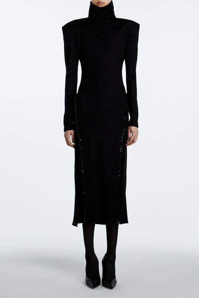 SHAO jet black cashmere turtleneck dress with elongated silhouette front view