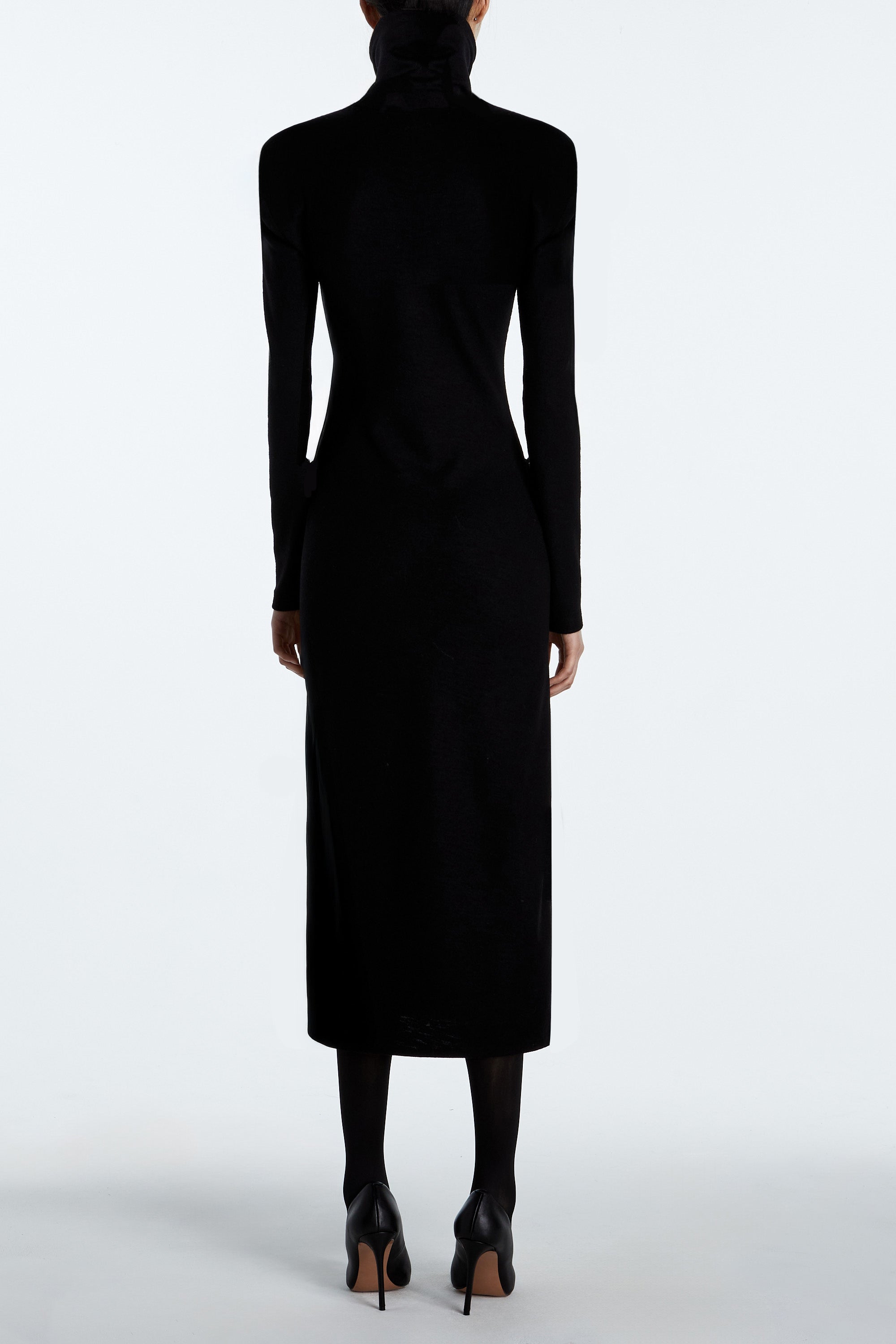 SHAO jet black cashmere turtleneck dress with long fitted silhouette full-length front
