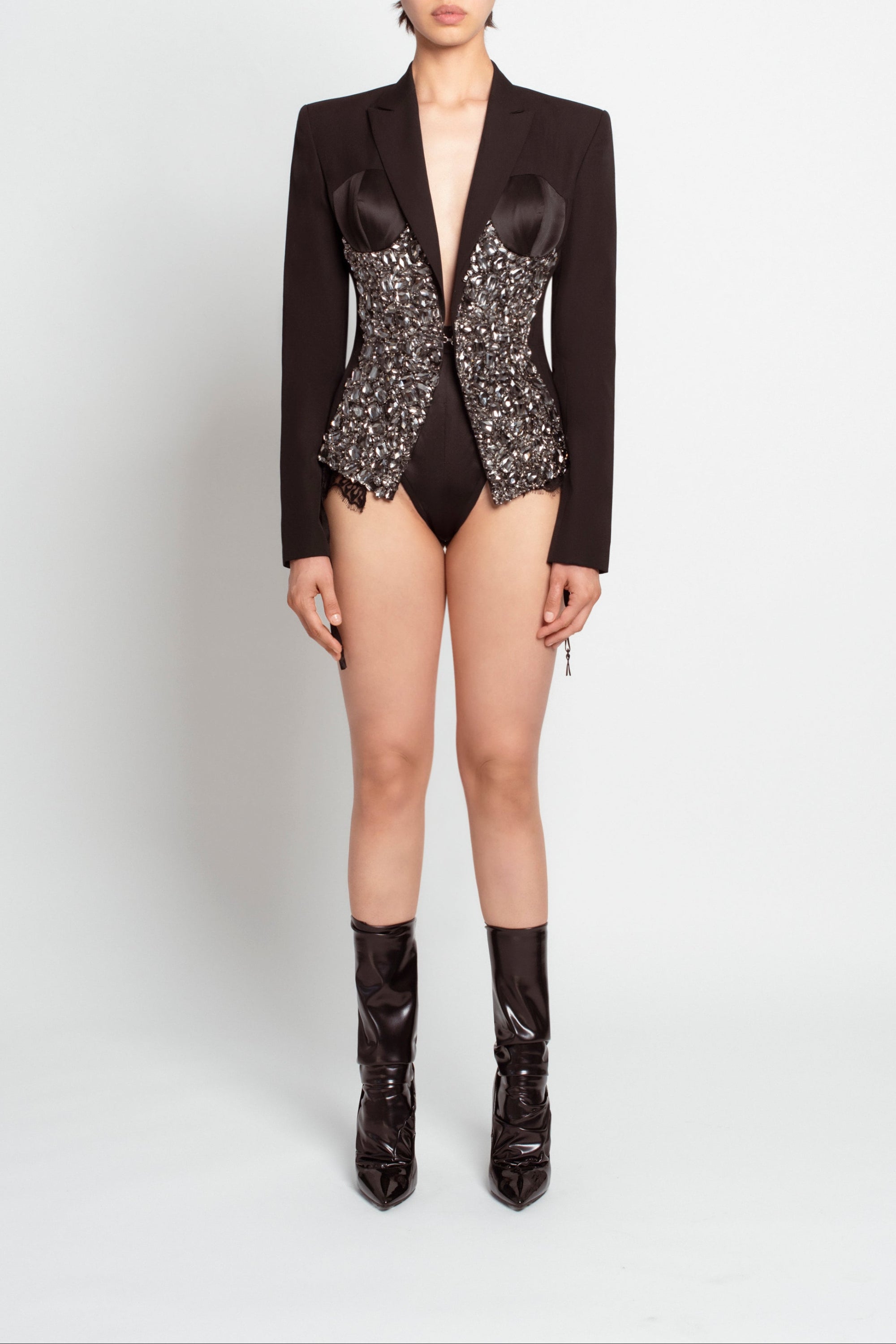 SHAO jet black crystal cropped jacket with deep V neckline front view