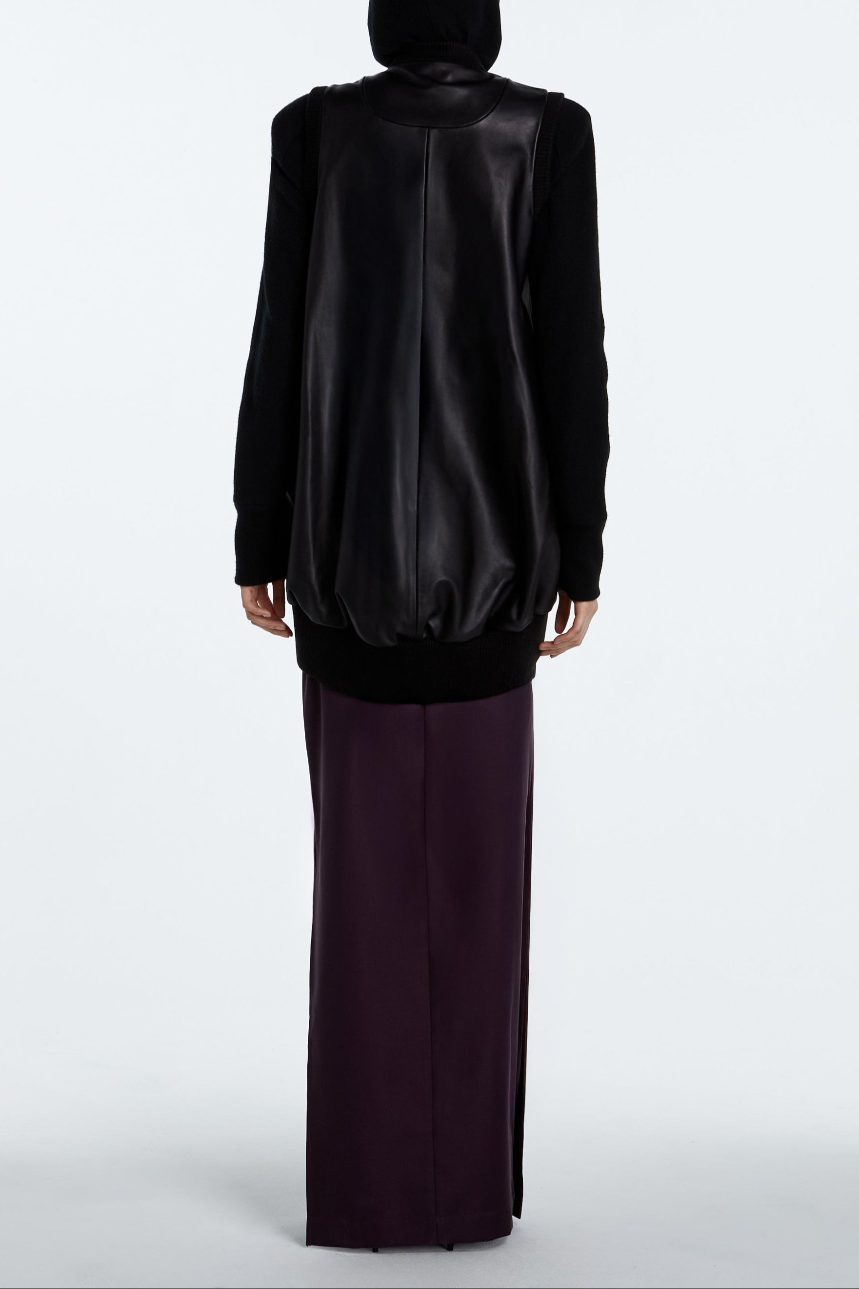 SHAO jet black leather cocoon bomber vest back view