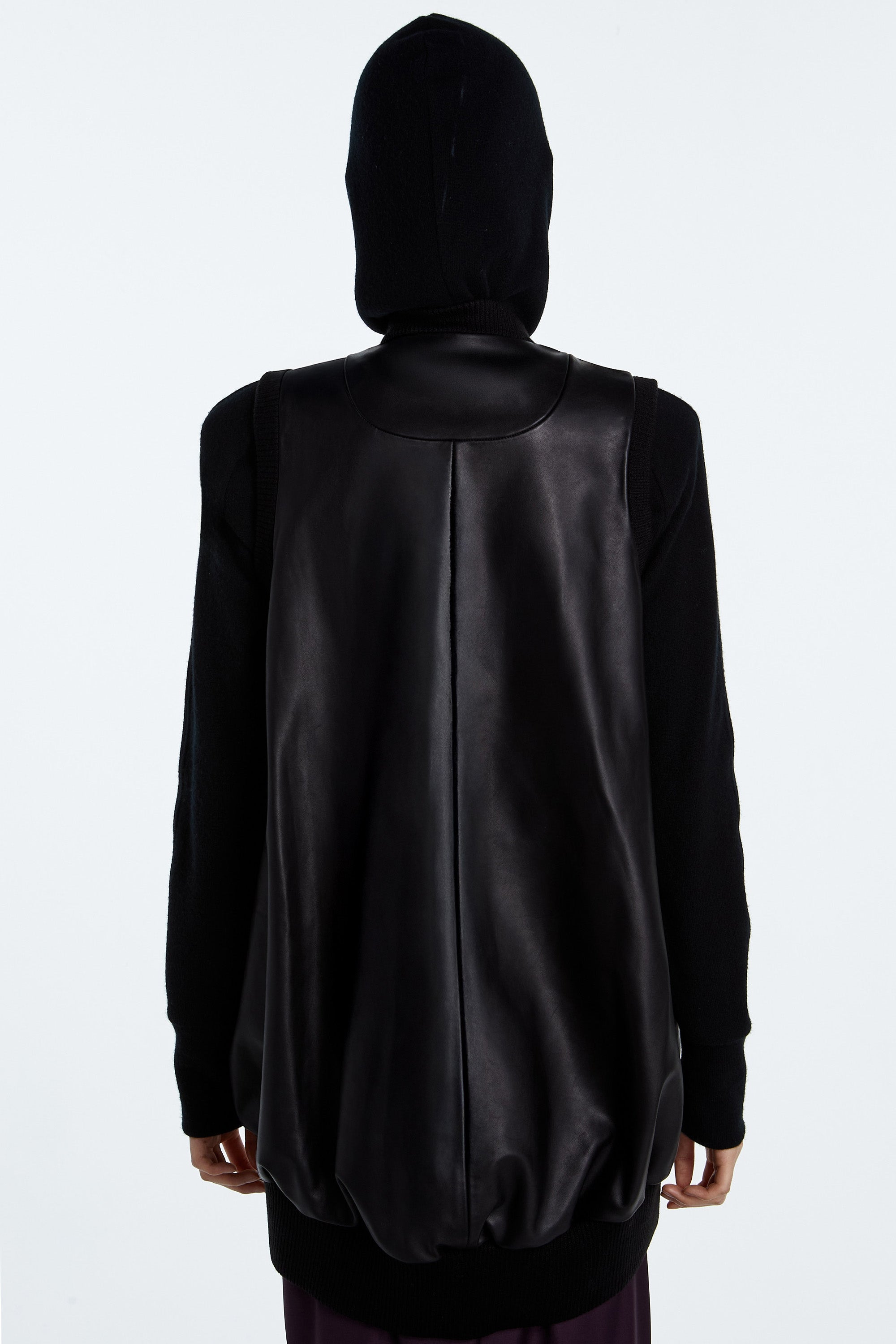 SHAO jet black leather cocoon bomber vest back view