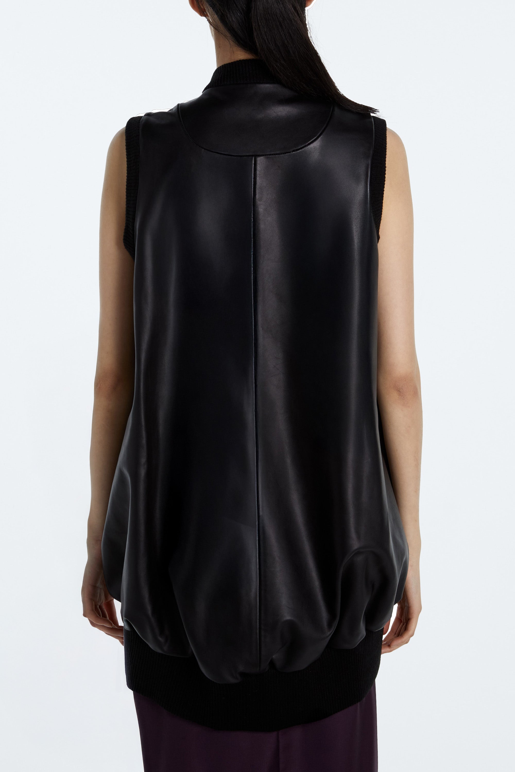 SHAO jet black leather cocoon bomber vest back view