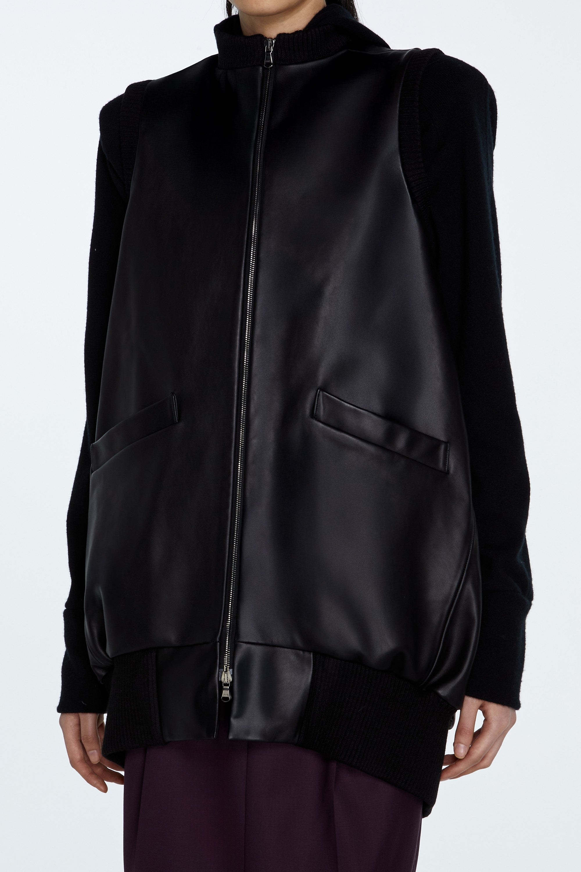 SHAO jet black leather cocoon bomber vest sculptural drape silhouette