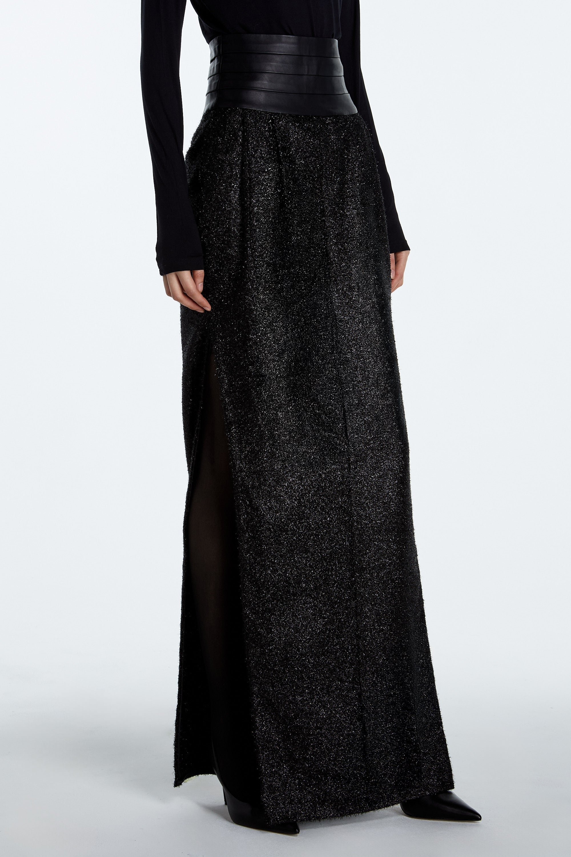 SHAO jet black sparkle column skirt with structured back proportions