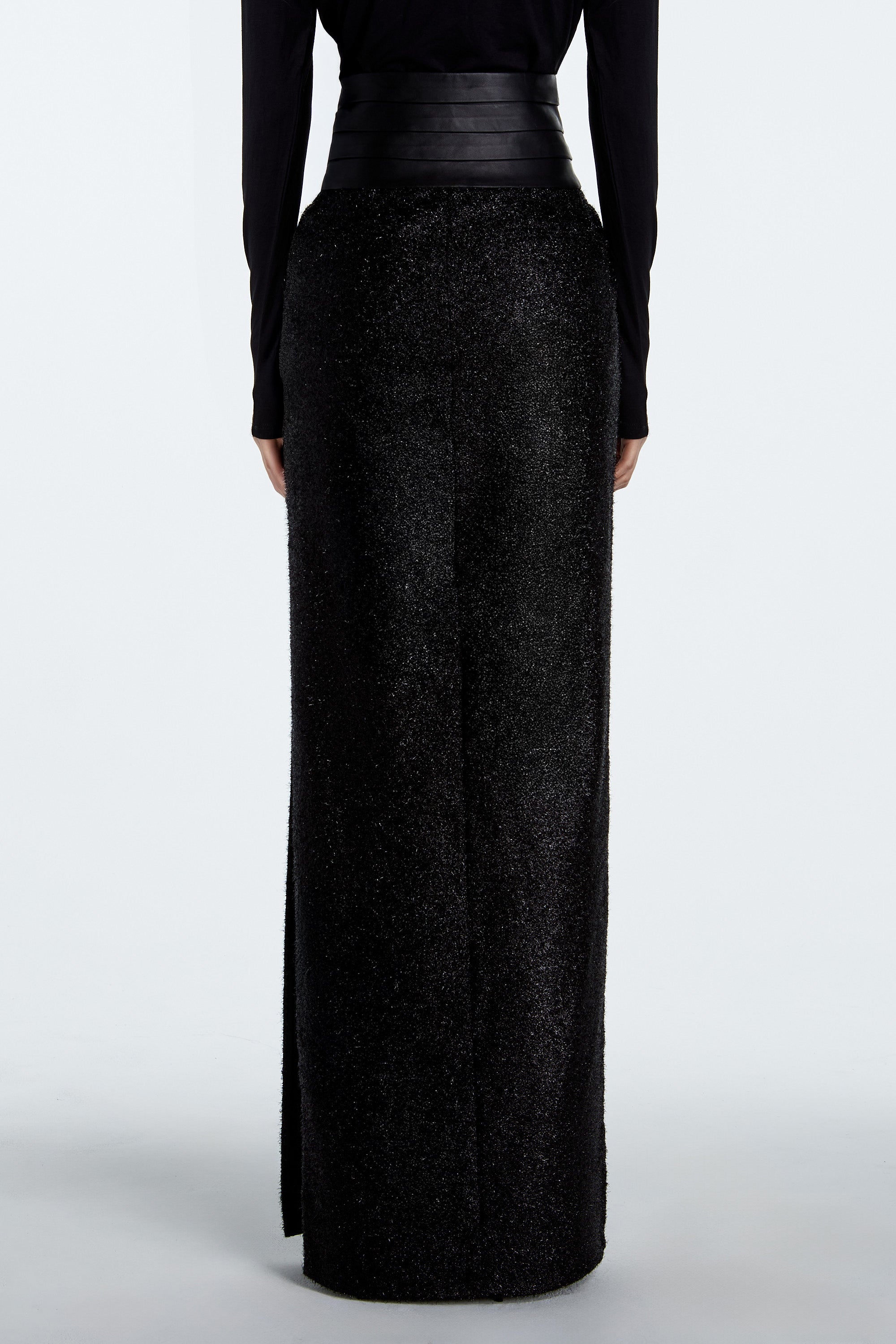 SHAO jet black sparkle column skirt with elongated column silhouette full-length front