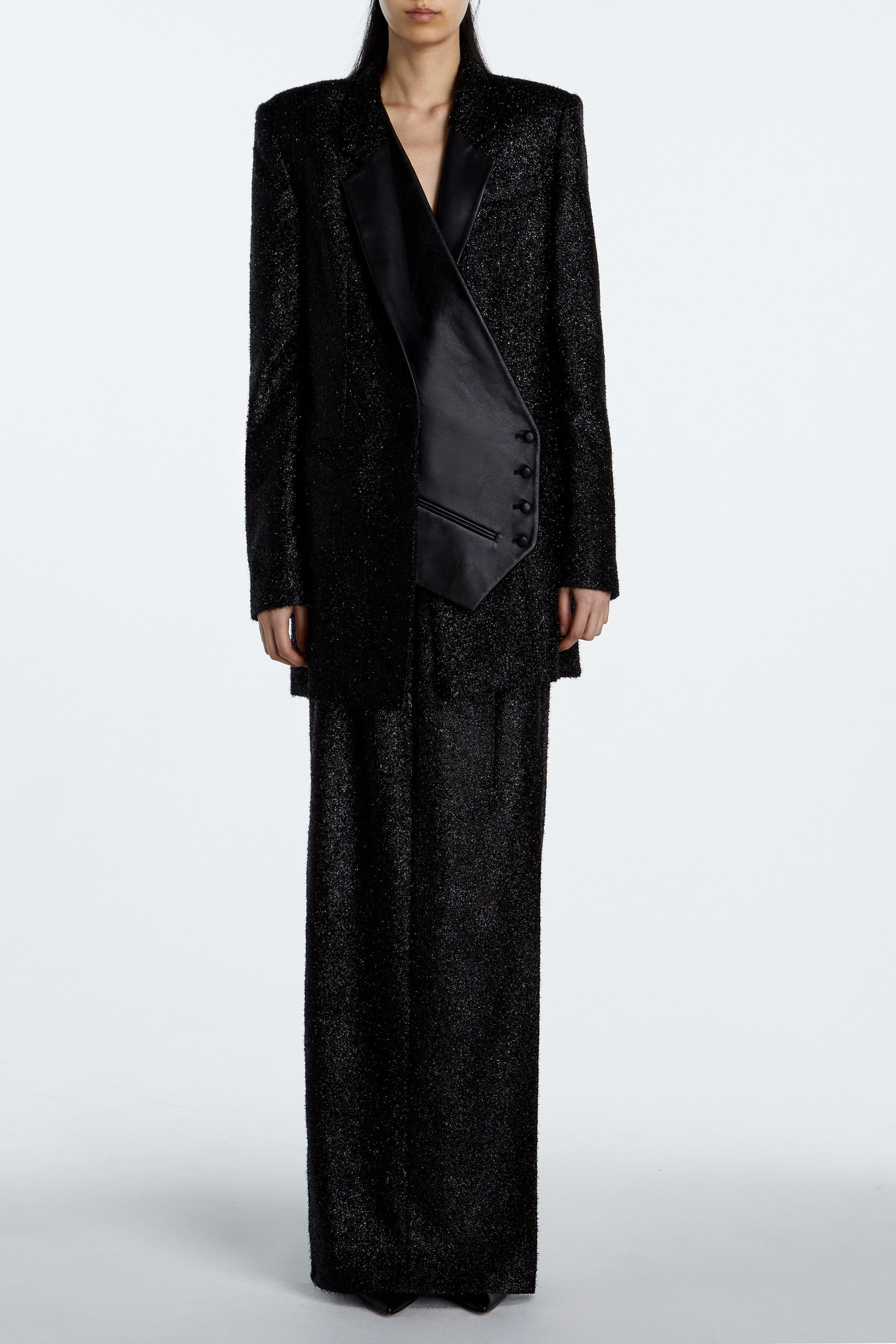 SHAO jet black sparkle suit jacket with asymmetrical leather vest front view