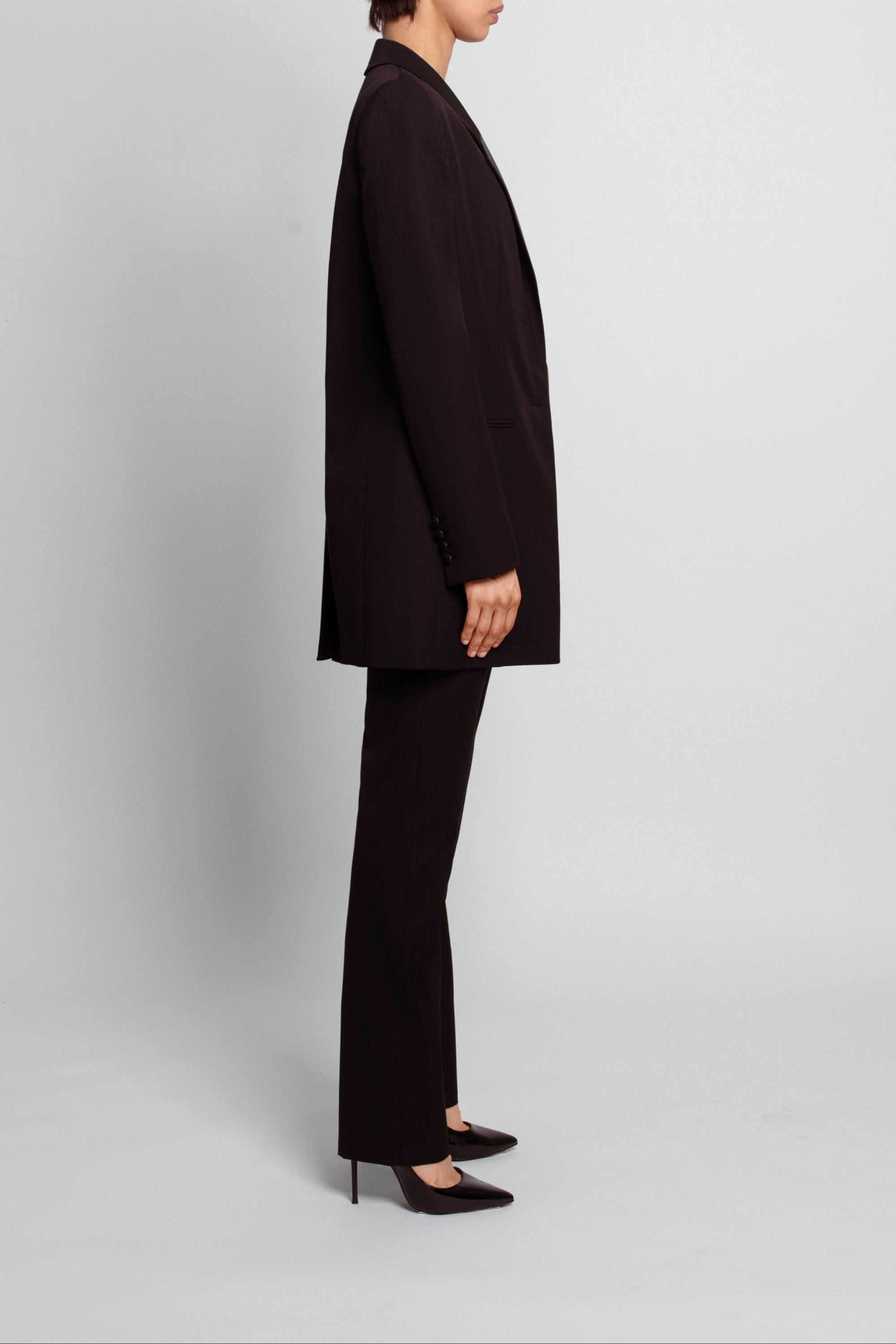 SHAO jet black wool long jacket with elongated silhouette side view