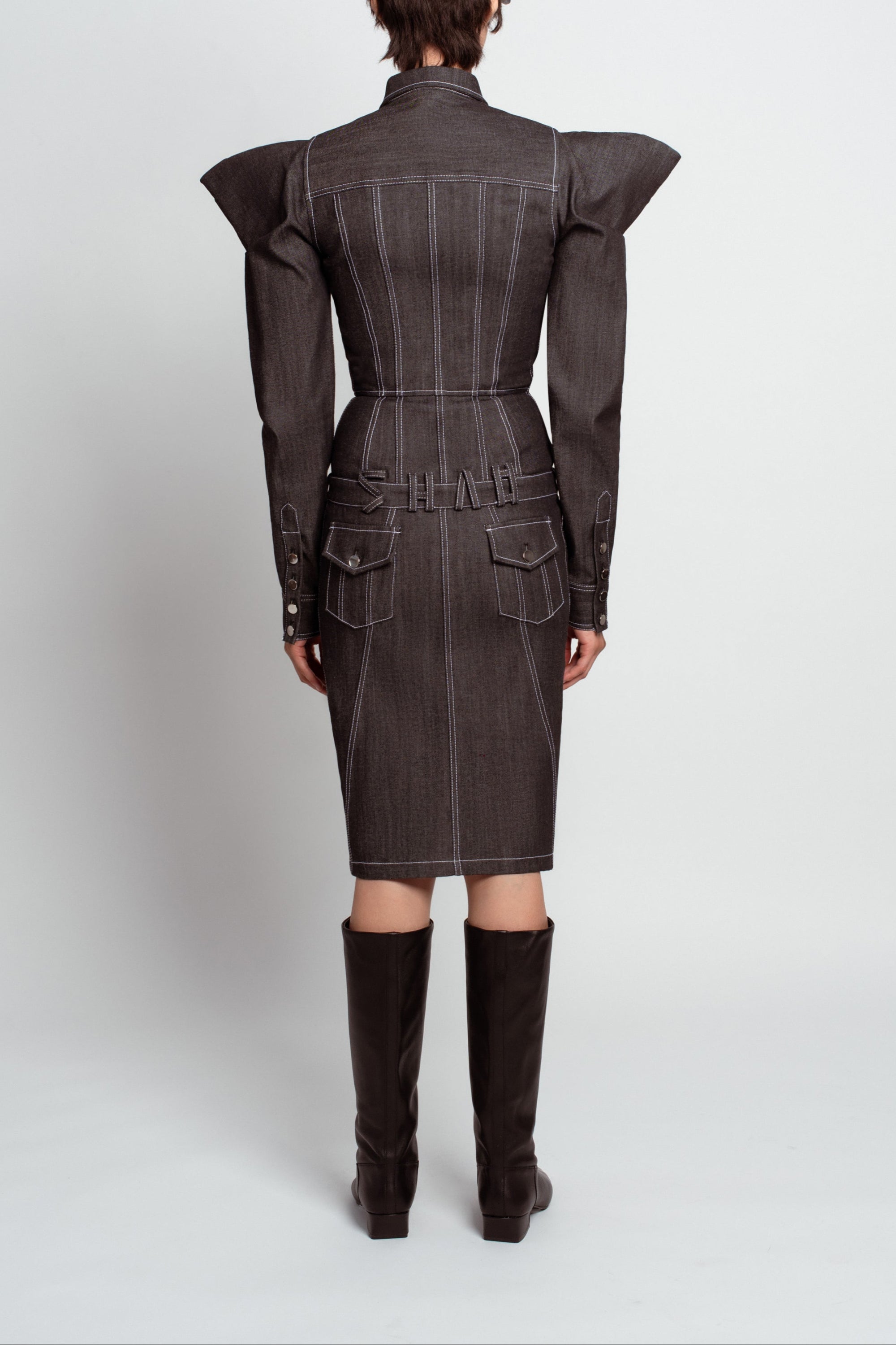 Midnight blue denim dress structured back view